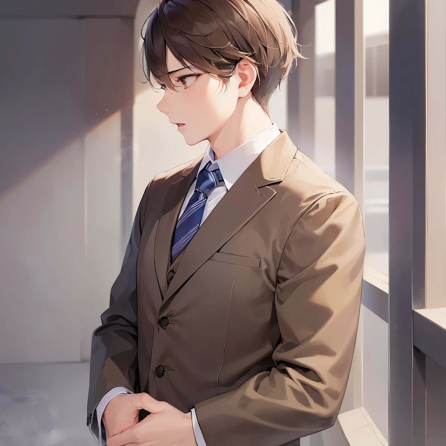 side angle, (looking away:1.5), masterpiece、high quality、(25 year old man with short brown hair and brown eyes:1.5)、wearing a suit、Wearing a blue tie、expressionless, open mouth, The background is a park、Are standing、Alone、bold composition