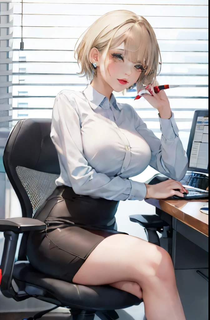 (masterpiece, highest quality:1.2), 1 girl, alone, sitting, office chair, machine, computer, coffee mug, short hair, big lips, bangs, blonde hair, brown eyes, big breasts, blue shirt, white clothes, pencil skirt, earrings, mole under eye, compensate, lipstick, red lips, crossed legs, lean forward, 