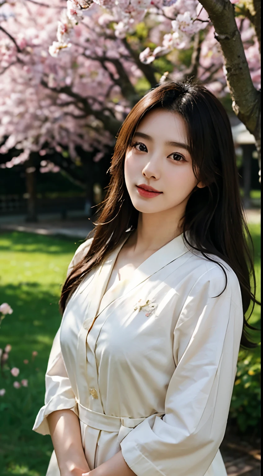 Best quality, Realistic, Photorealistic, extremely detaile, An extremely delicate and beautiful, RAW photo, Japanese and Korean beauties,South Korean beauties,Girl in JK uniform, ,Large breasts,Detailed eyes and lips, Beautiful hair, joyful expressions, Surrounded by cherry blossom trees, It has a kawaii anime style, In a picturesque garden full of sunshine. The artwork is of the best quality, With ultra-detailed features and realistic, Realistic touch. vibrant with colors,The lighting creates a warm atmosphere, Dreamy atmosphere.