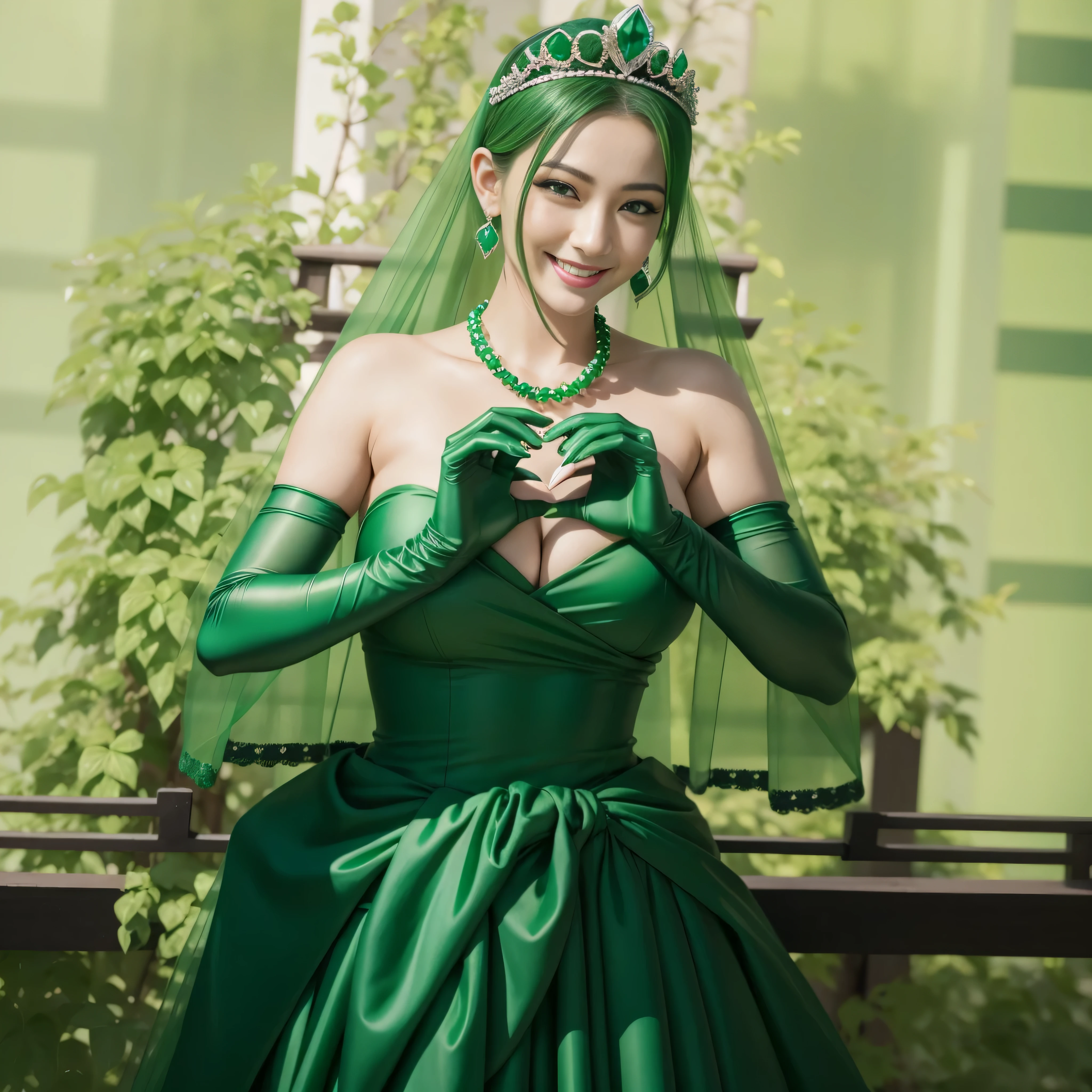 emerald tiara, green pearl necklace, ボーイッシュな非常に短いgreen hair, lipstick, smiling Japanese woman, very short hair,  Beauty with large breasts, green eyes, Long Green Satin Gloves, green eyes, emerald earrings, green veil, heart with both hands, green hair, beautiful japanese woman, heart shaped hand:1.3