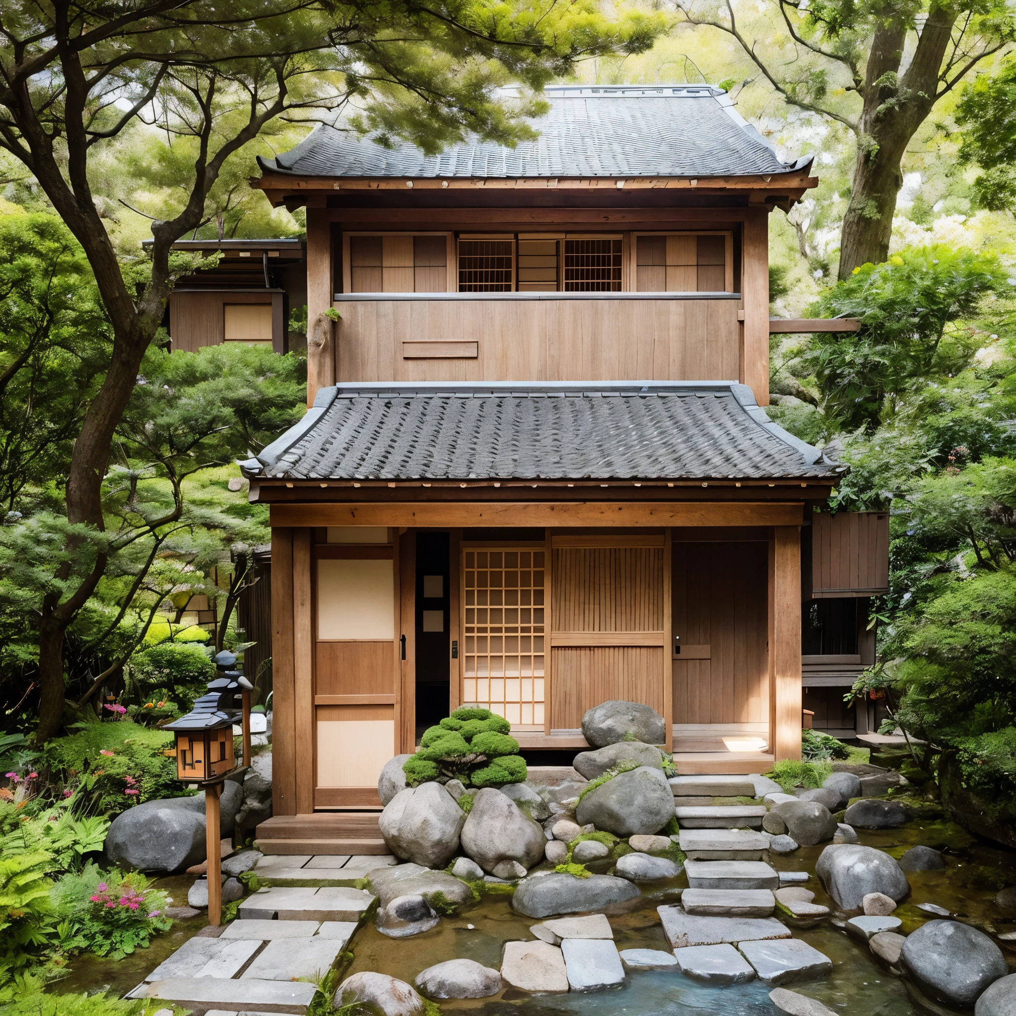 small japanese style wooden house, small scooter, stone steps, realistic photos