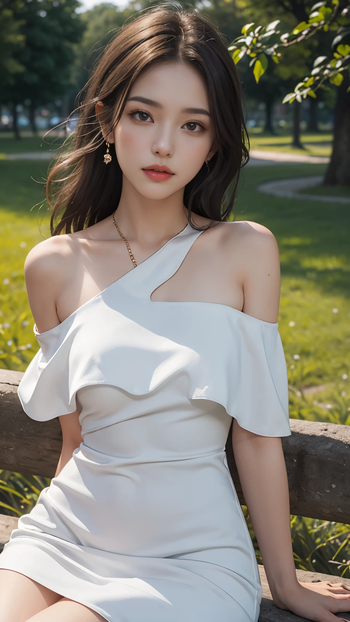 8k, masterpiece, 1 girl, beautiful face, very long hair, light makeup, detailed eyes, detailed lips, ((medium Curved figure)), (simple dress:1.4), (white dress:1.4), (wearing jewellery), (strap:1), (bare shoulder:1.4), in the park, sunset, evening, blowing wind, hair spreading, sitting, 