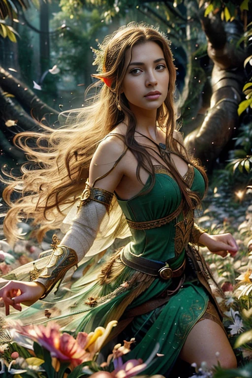 epic closeup photo portrait, amazing movie poster, Una hermosa joven hada con alas., lord of the rings style, vestido con una tela suave y larga de color verde brillante , colocando el sable en su pecho con cara feroz, al lado de un arroyo, Luz natural, a beautiful forest visible through the branches, tendencia en ArtStation,professional photo studio, High Definition, hola detallando, dramatic lighting, Luz de fondo,Mejor calidad, alta calidad, high resolution, morning dew natural day lighting, studio lighting,mejora de detalles, high resolution array, Profundidad de campo, movie, Arte lineal, afilar.