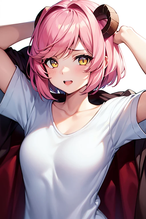 1girl, solo, breasts, short hair, medium breasts, shirt, white background, collarbone, yellow eyes, upper body, pink hair, short sleeves, horns, teeth, blue shirt, happy, emphasis lines, natsuki, pink hair