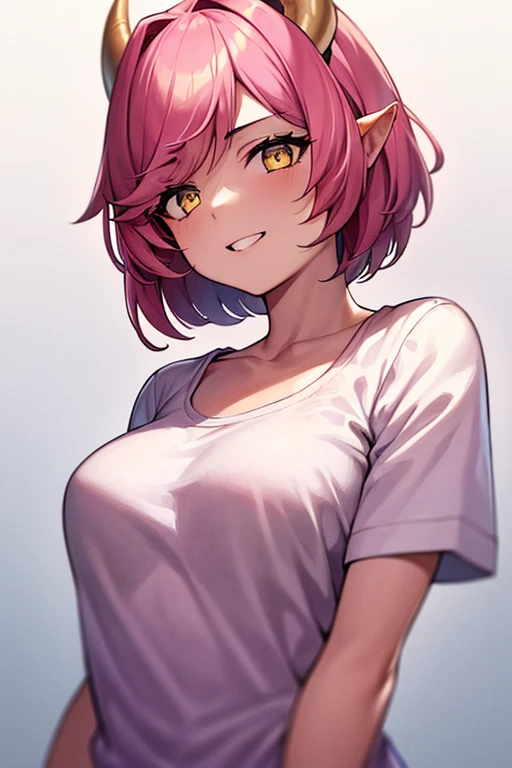 1girl, solo, breasts, short hair, medium breasts, shirt, white background, collarbone, yellow eyes, upper body, pink hair, short sleeves, horns, teeth, blue shirt, happy, emphasis lines, natsuki, pink hair