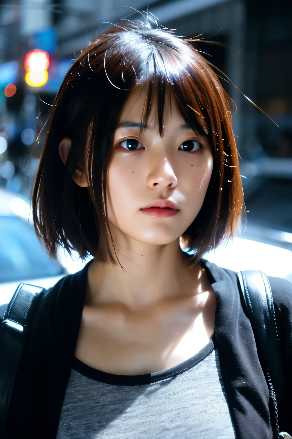 Japanese girl with lighting like in cyberpunk movie