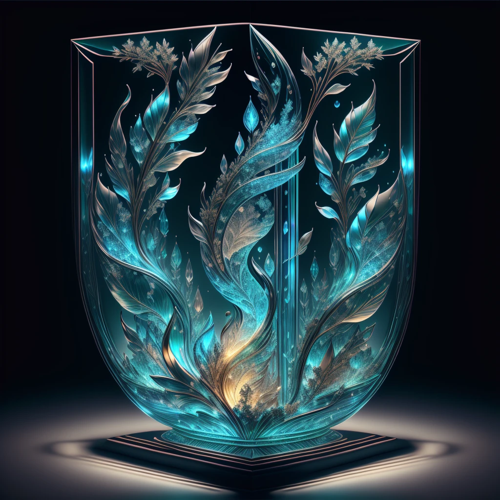 A masterpiece of glass sculpture,There are plants inside, water,A Song of Ice and Fire,Phoenix,festive,luminescent, fantasy, high quality, high detail, best quality,