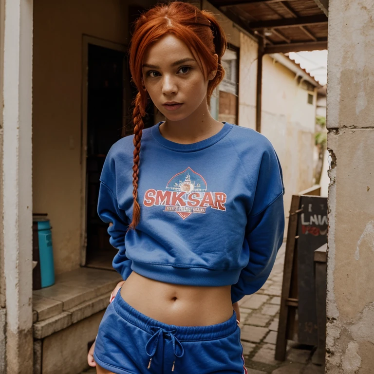 Wallpaper of a woman with red hair tied up wearing a blue sweatshirt and shorts smoking in Brazil 