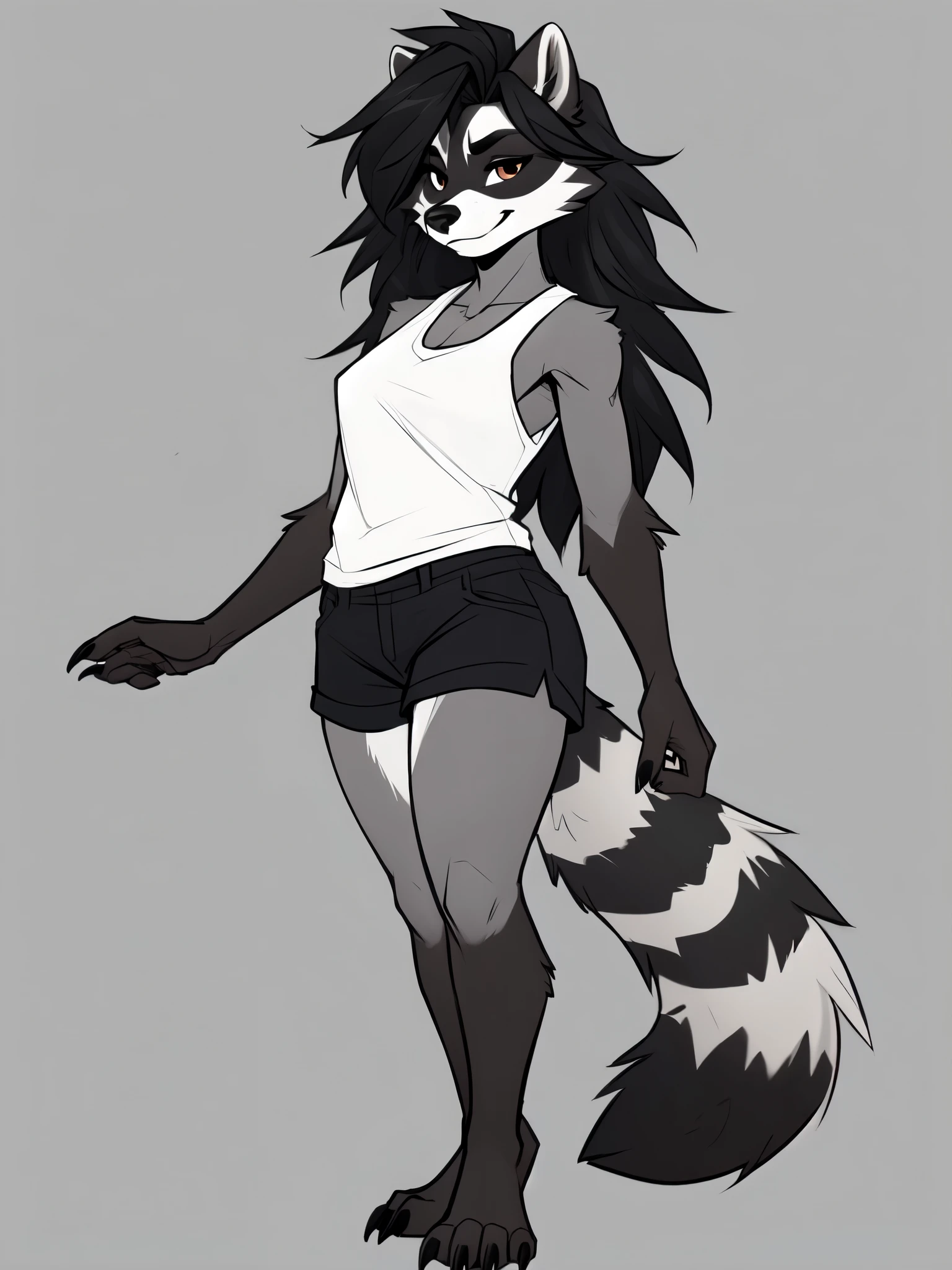 By black-kitten, by zackary911, by azoomer, by braeburned, flat colors, cell shading, a cute raccoon girl, brown eyes, long shaggy unkempt black hair, grey fur, white snout, black nose, raccoon facial markings, tall curvy body, raccoon tail, wearing white tank top, black short shorts, barefoot, black claws, smirking, no background, 