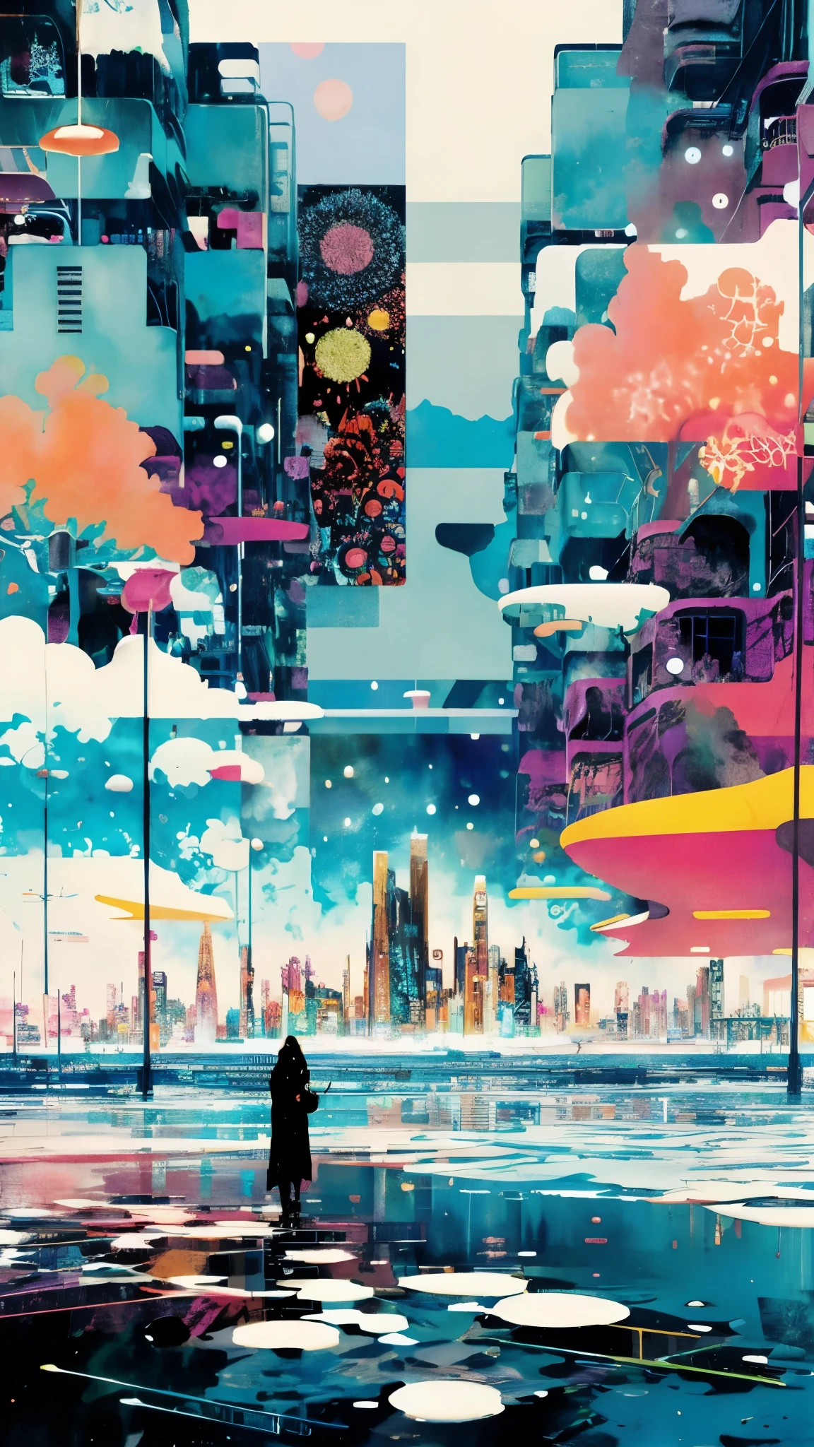 anime city with a person walking in the rain, dreamy colorful cyberpunk colors, cyberpunk dreamscape, victo ngai cyberpunk style, anime style cityscape, colorful dystopian futurism, victo ngai! cmyk palette, style hybrid mix of beeple, digital cyberpunk - anime art, cloudpunk, digital cyberpunk anime art, colorful city, greg beeple