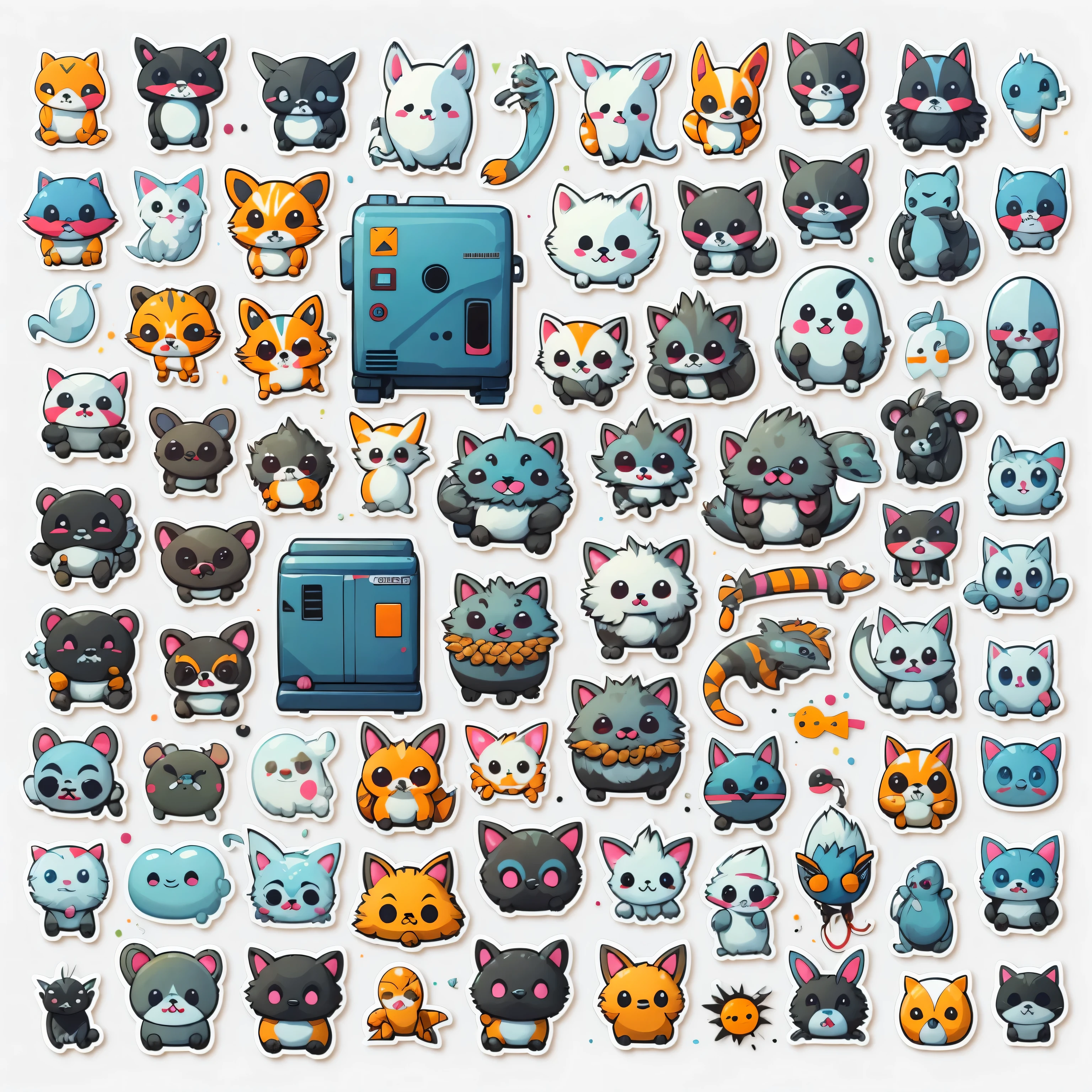 16 stickers, animals, ghosts, machines etc, white background, simple background, no gradient, Alignment, icon