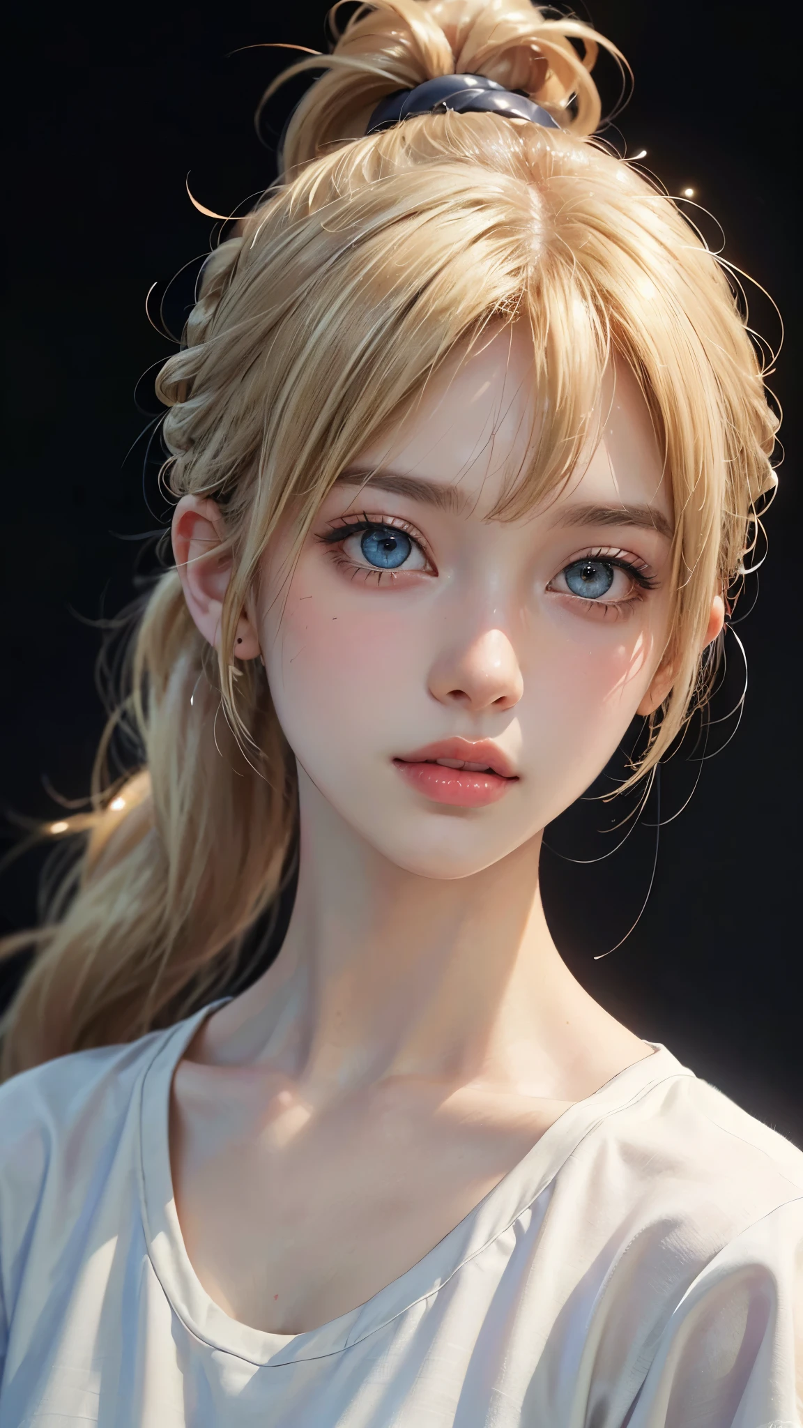 (UHD, retina, masterpiece, accurate, anatomically_correct, textured_skin, super_detail, high_details, high_quality, best_quality, high_res, 1080P, HD, 4K, 8k, 16k), (beautiful_detailed_eyes, beautiful_detailed_lips, extremely_detailed_eyes_and_face), soft_lighting, physically-based_rendering, vivid_colors, (shiny_hair, shiny_skin, tanned_skin, blush), (bangs:1.5), eye_reflection, (bokeh, simple_background), (ponytail, blonde_hair:1.5), white t-shirt,
