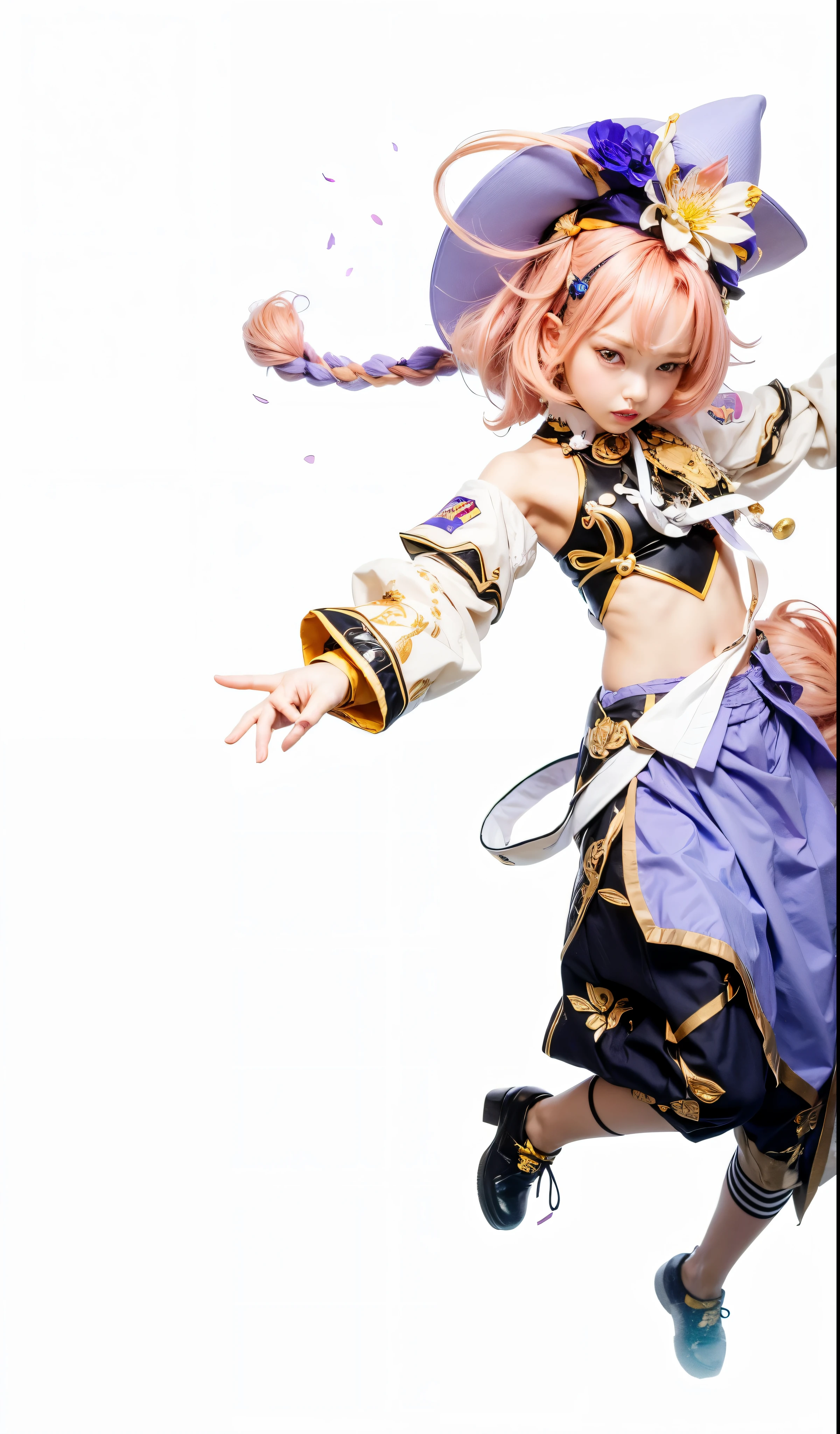 Dori, genshin impact, sumeru, female, age, pink hair with purple hat and pink ribbon, yelloe eyes, black top, white arm sleeve, purple trouser with black motive and flower ribbon, gold rings on fingers, black gold shoes