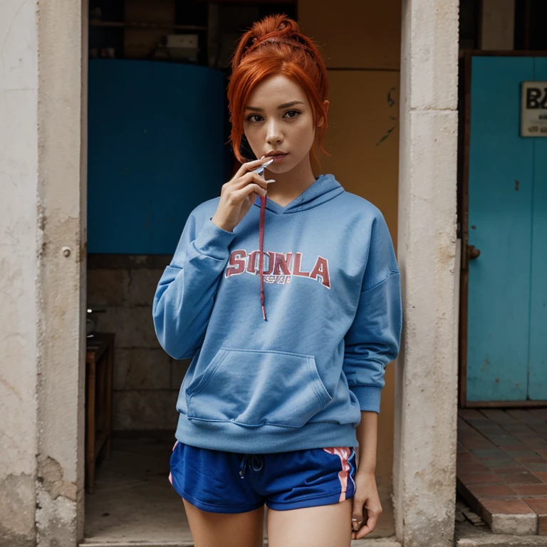 Wallpaper of a woman with red hair tied up wearing a blue sweatshirt and shorts smoking in Brazil version anime