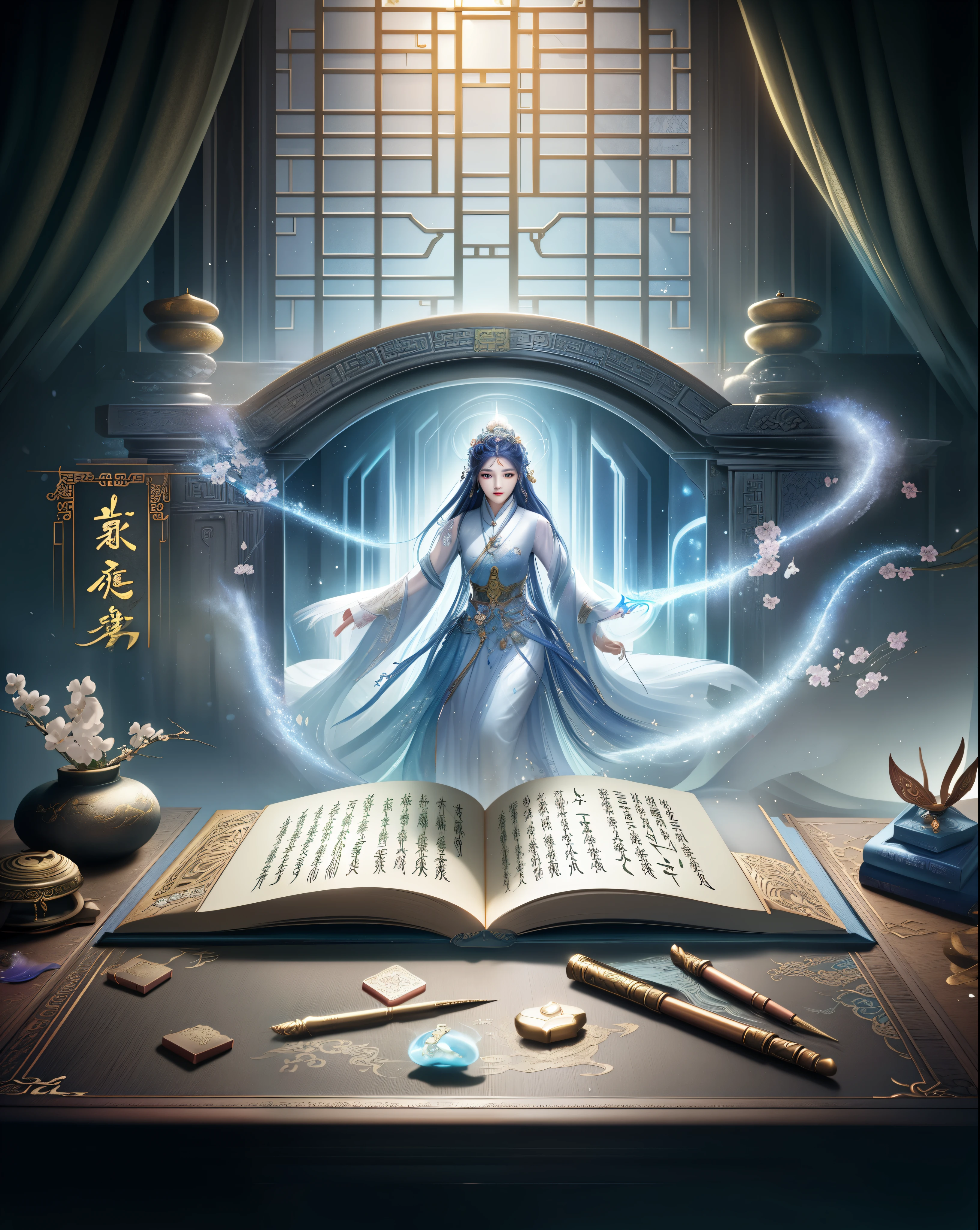 A woman comes out of the book, fantasy book illustration, Chinese fantasy, Fantasy RPG book illustrations, Realistic fantasy illustration, ethereal fantasy, goddess of wisdom, fantasy book, The door to the ethereal realm, Female mage casting spells, A beautiful artistic illustration, Download Concept Art Gallery, Magic book, xianxia fantasy