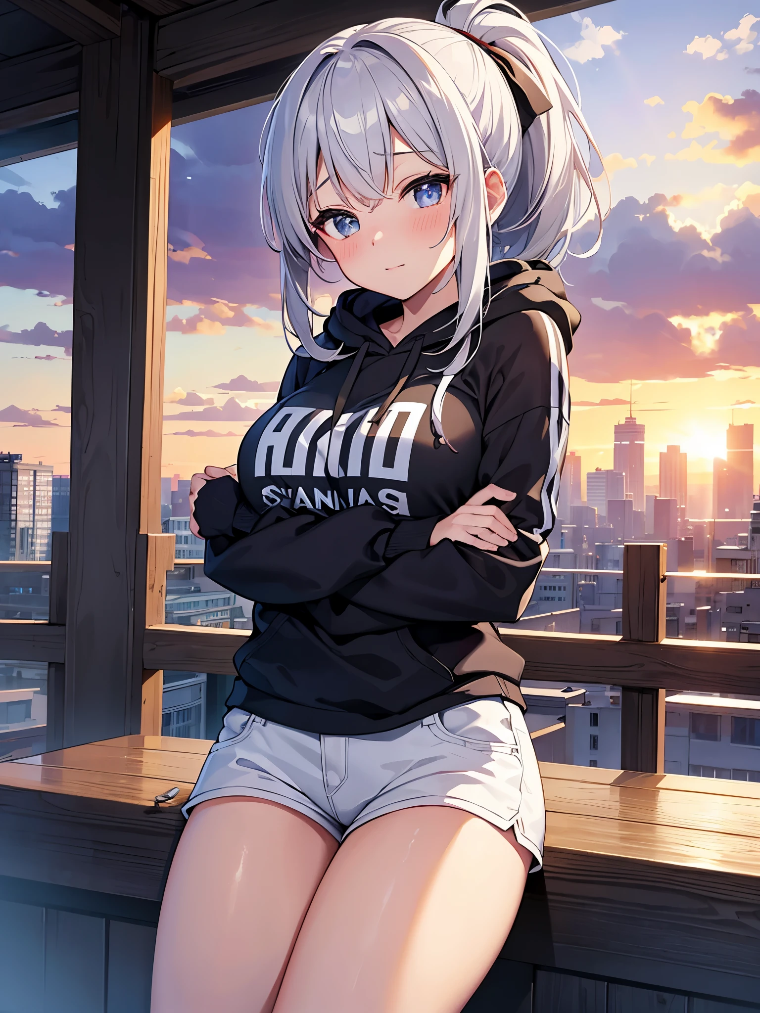 masterpiece:1.3、ultra high resolution:1.3、8K、woman、solo:1.3、whole body、The style is very good.、real face、looking at the viewer、White-silver hair、rainbow色の目:1.3、ponytail、big breasts、hoodie、shorts、cute、close、blush、shyness、Light pointing、city、many buildings、beautiful sky、sunrise、rainbow、Stuffy、wet、erotic
