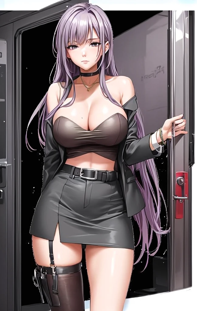 A beautiful woman with long hair, big breasts, and beautiful legs is standing in a tube top, suit, and miniskirt.。Highlights the chest tube top。Showing light purple panties。crowded train。