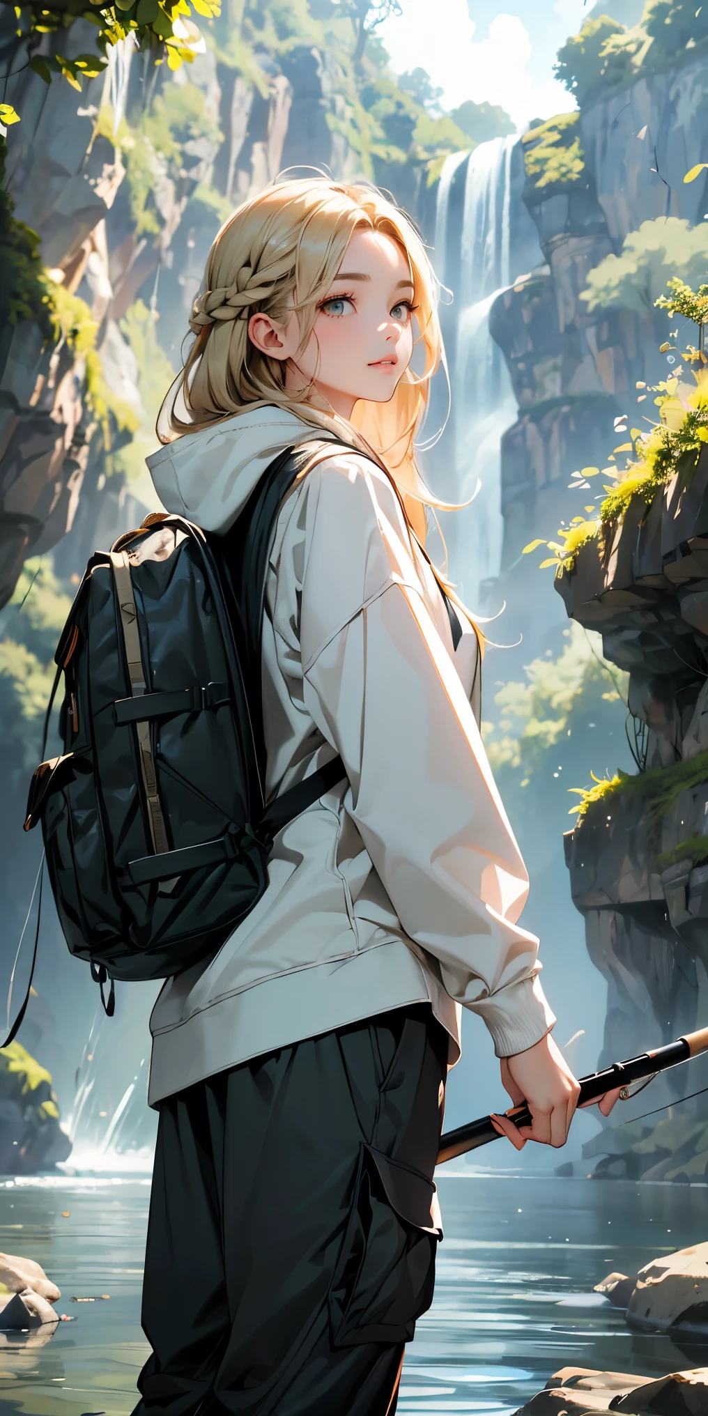 masterpiece、High resolution 8K、sharp focus、contrast lighting、ultra high resolution、ultra high resolution、Detailed CG、Low angle from the front、full body shot、Beautiful woman、beautiful eyes、(detailed face and iace:1 2)、narrow eyes、almond eye、brown eyes、gradation eye、highlight:1.2)、(beautiful blonde、long hair、Side braided hair、asymmetrical bangs、(plump lips、glossy lips、 size) 、(oval face : 1.4)、(thin fingered arms、detailed human hand)、川でWoman Fishing、Beautiful and wide river、Flowing waterfall、rock surface、moss、forest、Mont、blue sky、Flowing clouds、vapor、mist、full body pose、Holding a fishing rod in your hand、Fishing lure rod、Outdoor Vest、hoodie、Waders、Long pants for fishing、Big backpack)、Point the fishing rod toward the water surface with both hands..、Have a long fishing rod、He points the fishing rod in his hand toward the water's surface.'s surface.'s surface.'s surface.'s surface.'surface..、Woman Fishing、naughty smile、teeth visible、Low angle from the front、cowboy shot