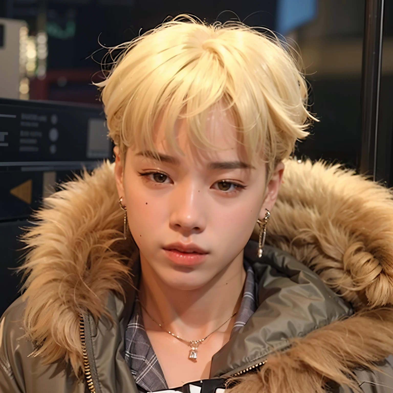 arafiado com cabelos loiros e uma jaqueta sentado em um trem, accurate Jimin face, Jimin\the right eyelid is swollen, Jimin\the full lips, Jimin\o nariz grego, park Jimin, Jimin, Kim Doyoung, Yoongi de cabelo preto, adorable and pale korean face, he has an elongated head shape, cabelo loiro muito claro, has sorte
