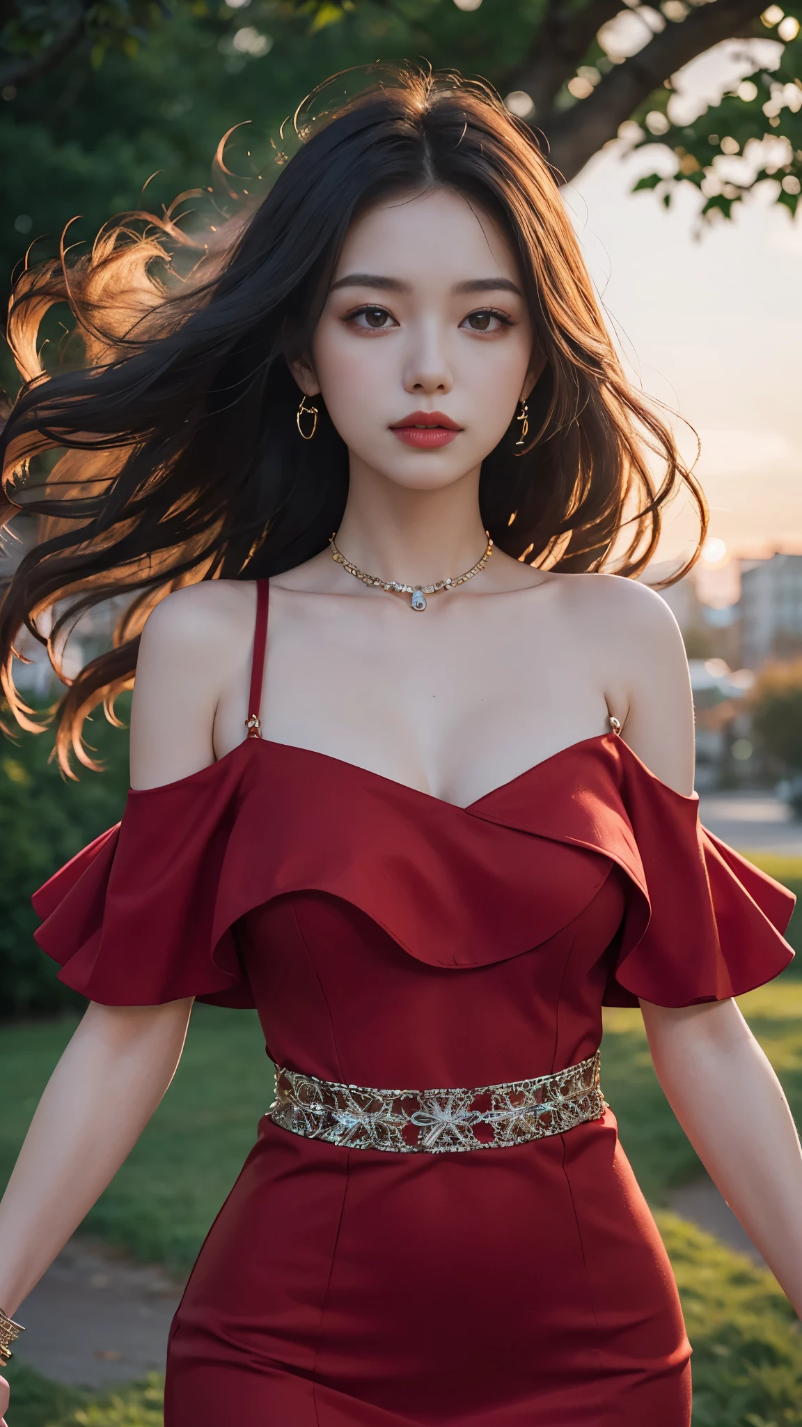8k, masterpiece, 1 girl, beautiful face, very long hair, light makeup, detailed eyes, detailed lips, ((medium Curved figure)), (simple dress:1.4), (red dress:1.4), (wearing jewellery), (strap:1.4), (bare shoulder:1.4), in the park, sunset, evening, blowing wind, hair spreading,