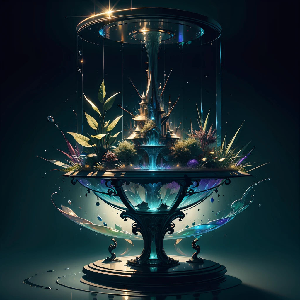 A masterpiece of glass sculpture,There are plants inside, water,rainbow,luminescent, fantasy, high quality, high detail, best quality,