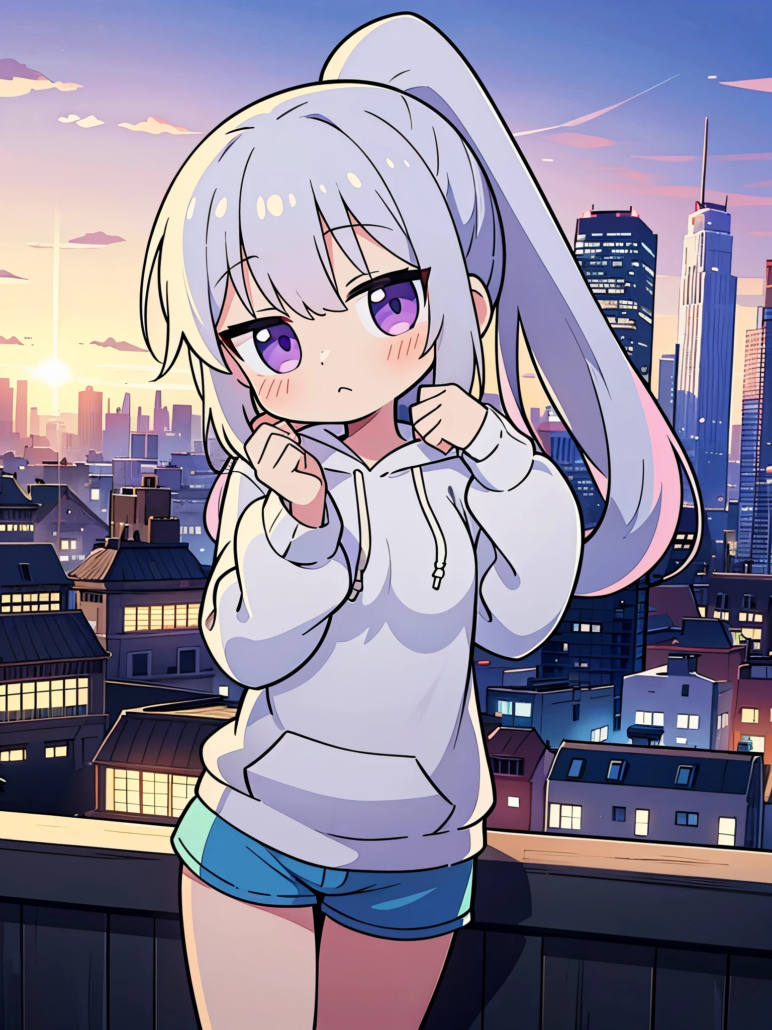 masterpiece:1.3、ultra high resolution:1.3、8K、woman、solo:1.3、whole body、The style is very good.、real face、looking at the viewer、White-silver hair、rainbow色の目:1.3、ponytail、big breasts、hoodie、shorts、cute、close、blush、shyness、Light pointing、city、many buildings、beautiful sky、sunrise、rainbow、Stuffy、wet、erotic