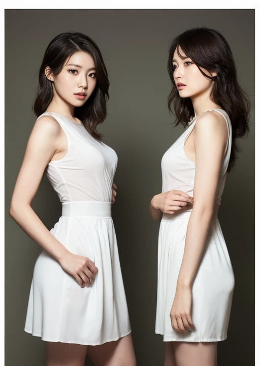 Looking back。woman. Wearing a white knitted dress。Background is white。