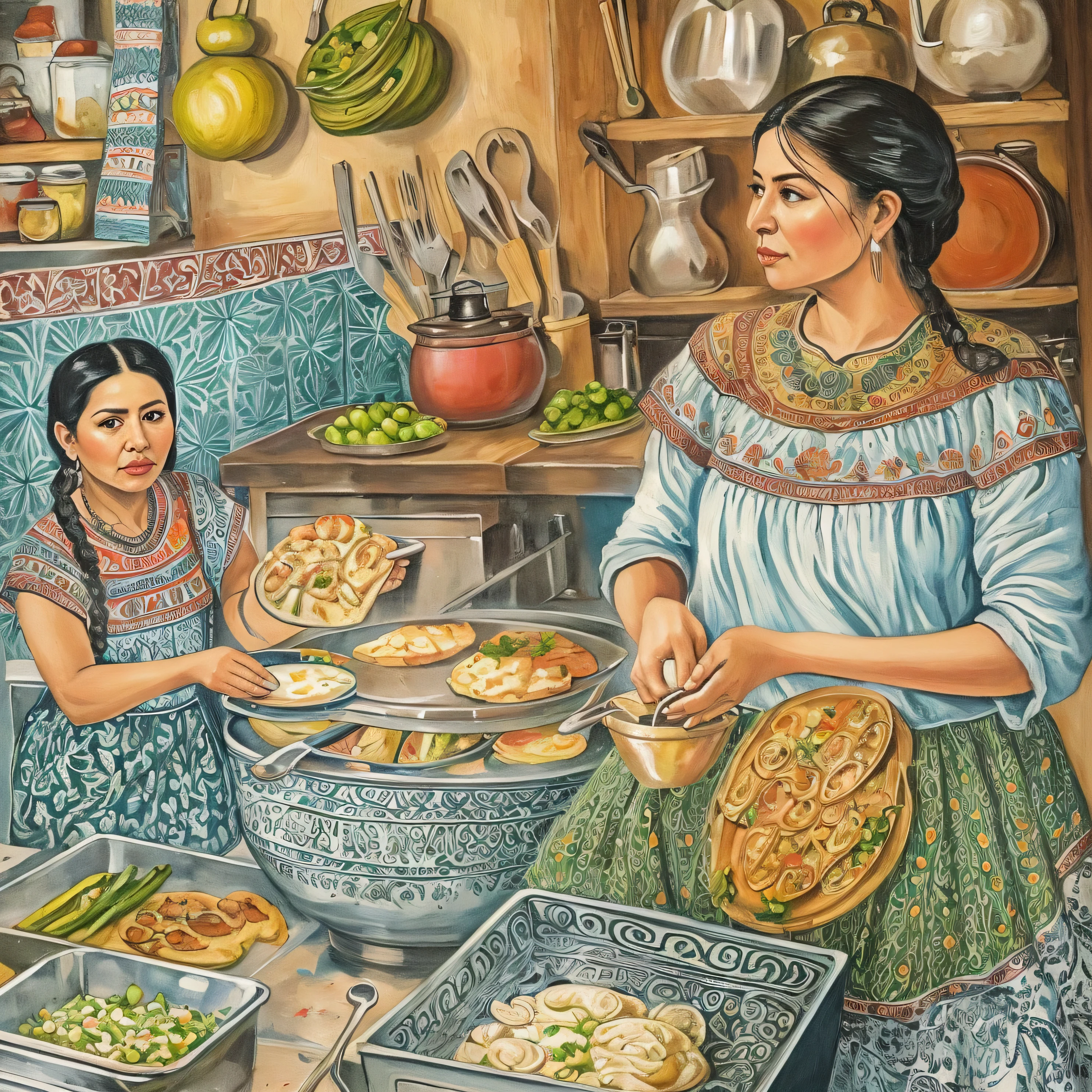 painting of a woman and a  preparing food in a kitchen, mexican folklore, folkloric illustration, by Carlos Enríquez Gómez, by Glòria Muñoz, mexican folk art, by Manuel Ortiz de Zarate, by Juan O'Gorman, by Arturo Rivera, by Pacita Abad, by Araceli Gilbert