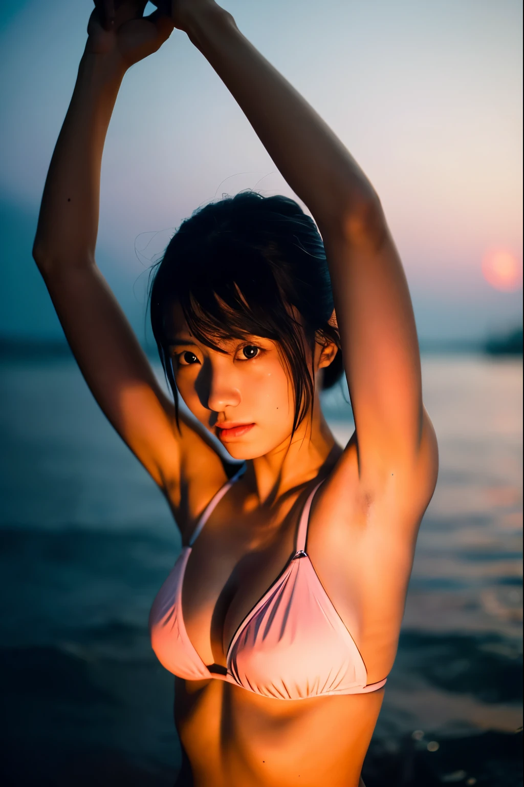 Cinematic lighting Japanese girl in bikini top reaching out