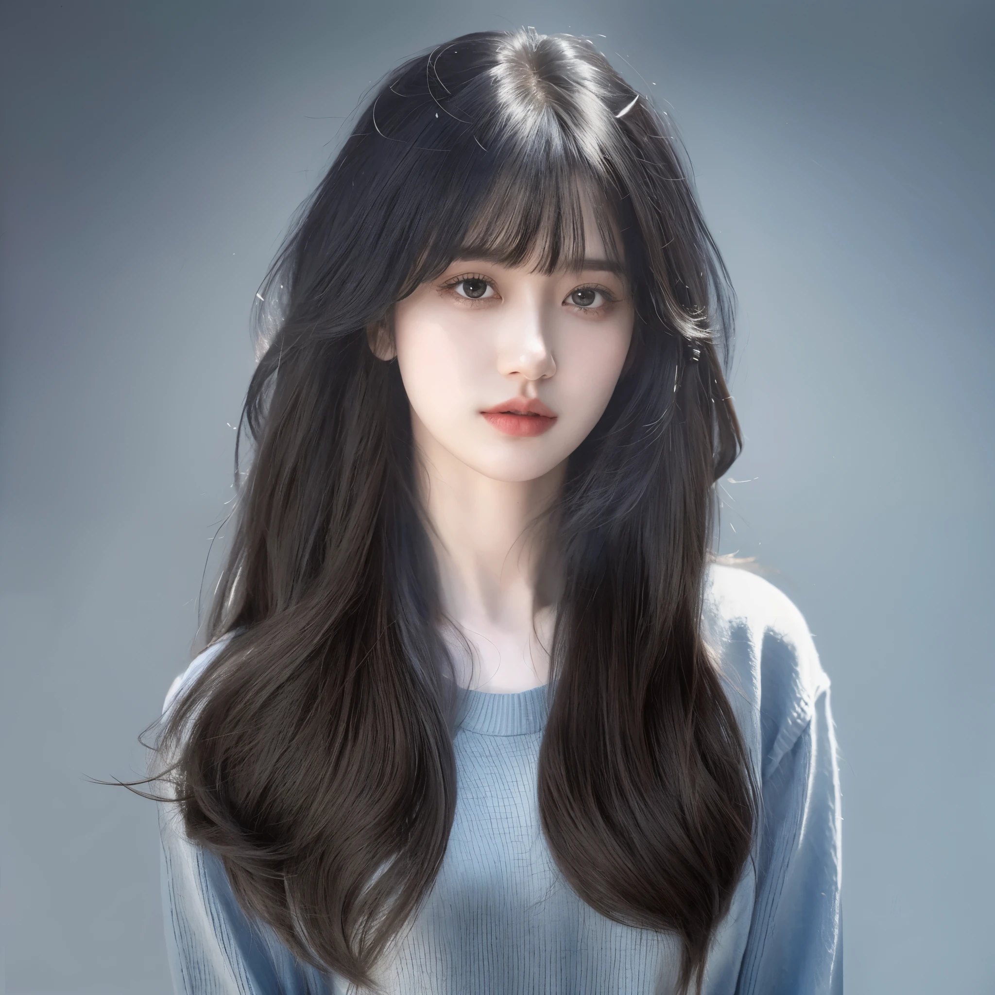 Arafad image of a woman with long hair and blue sweater, Have bangs的深色长发, Hair with bangs, long hair with bangs, 齐long hair with bangs, Black bangs wavy hair, long black hair,Have bangs, Portrait of Korean female idol, she has black hair,Have bangs, Fluffy bangs, Realistic anime art style, Kurohime cuts hair,Hair background characters