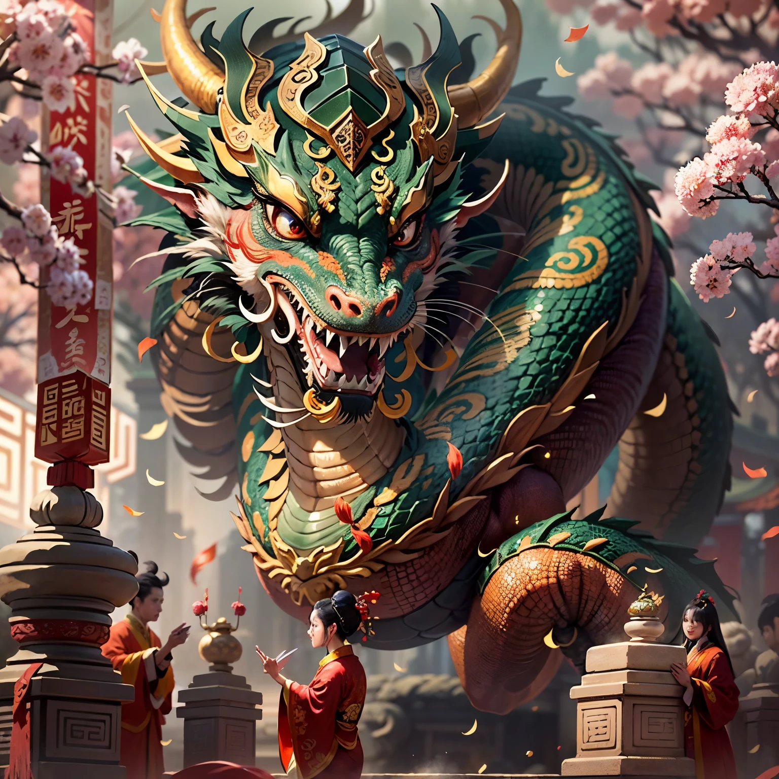 (realistic:1.2), (detailed:1.1), (highres:1.2), (majestic dragon:1.3), (coiled around:1.3), (stone pillar:1.1), (head facing camera:1.3), (intricate scales:1.2), (serpentine beauty), (captivating gaze:1.1), (divine creature), (artistic lighting:1.2), (imposing presence:1.1), (ancient symbol:1.1), (cultural richness:1.2), (Chinese mythology:1.2), (powerful creature:1.1), (mythical beast:1.2), (ornate details:1.1), (awe-inspiring scene:1.2), (grandeur:1.1), (spring festival atmosphere:1.3), (festive mood:1.3), (celebratory vibes:1.3), (joyful ambiance:1.3), (Chinese New Year spirit:1.3), (traditional celebration:1.2).