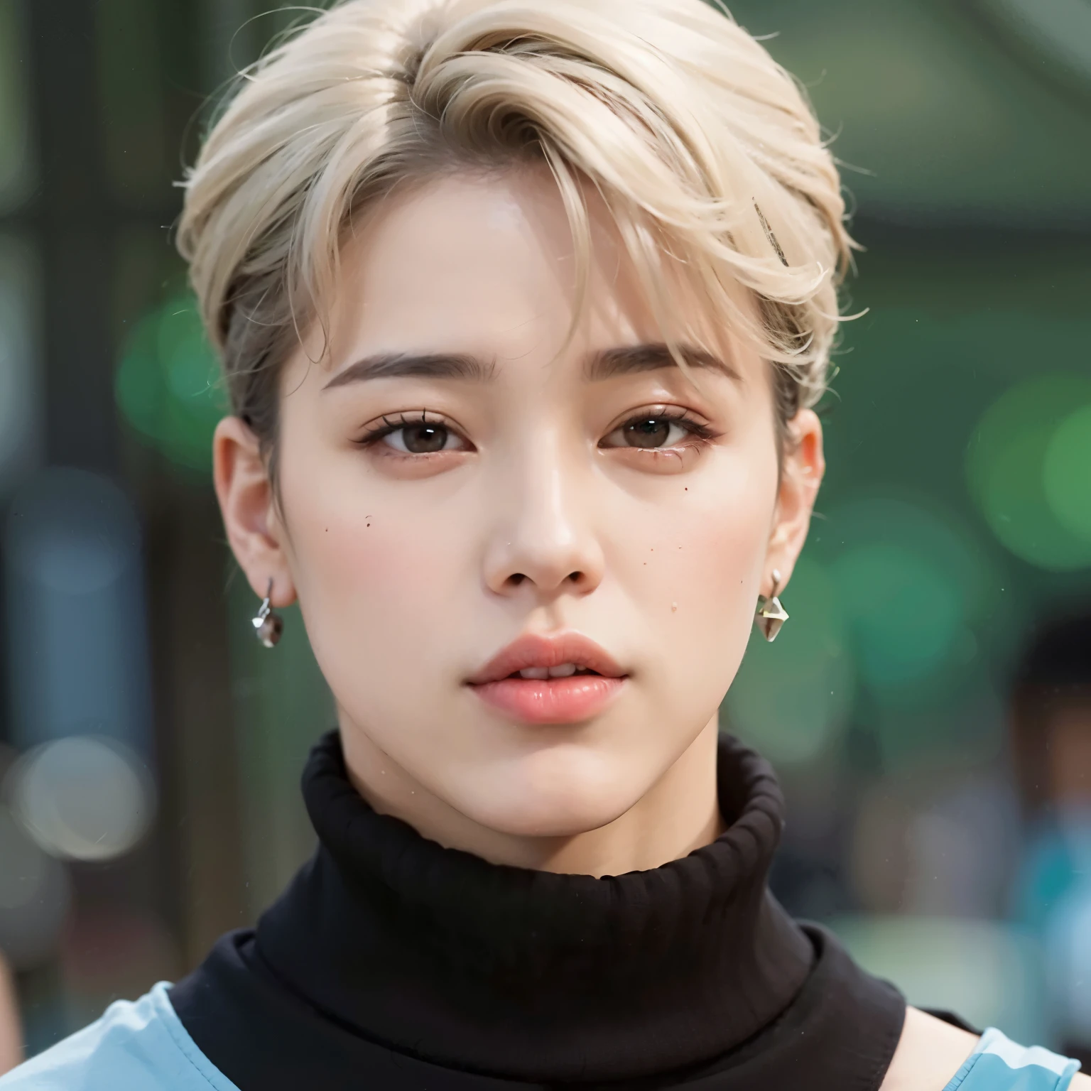 um close up de uma pessoa com uma camisa preta de gola alta, park Jimin, accurate Jimin face, Jimin, Jimin\the full lips, Jimin\the right eyelid is swollen, Jimin\o nariz grego, com o mesmo penteado, Kim Doyoung, hyung tae, Yanjun Chengt, taejune kim, profile picture with headshot, ele tem cabelos grisalhos escuros