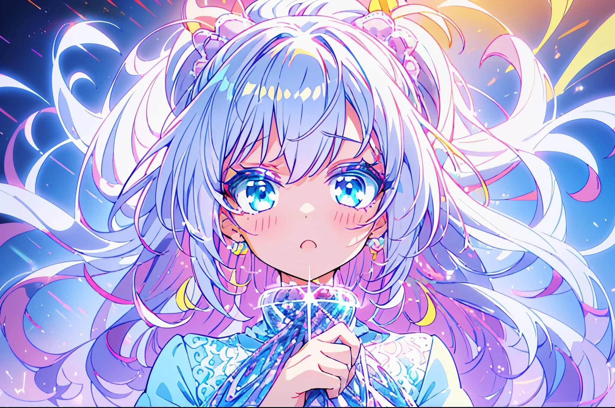 Portrait, icon, avatar, 1 girl, lolita dress, lace, minimalism, heart clips, inner hair color, white hair streaks, little ponytails, sweet, sharp focus, best quality, depth of field, cinematic lighting, signature, cute fang, drill hair ,colored eyelashes, , holographic eyes, gelicate poses, holographic textile, holographic milk , light colors, light yellow, light pink, pretty dress, light orange, light mint, light rainbow, holographic, gradient pink, gradient rose, white holographic background, silver hologram, light futuristic,glitter, anime screenshot