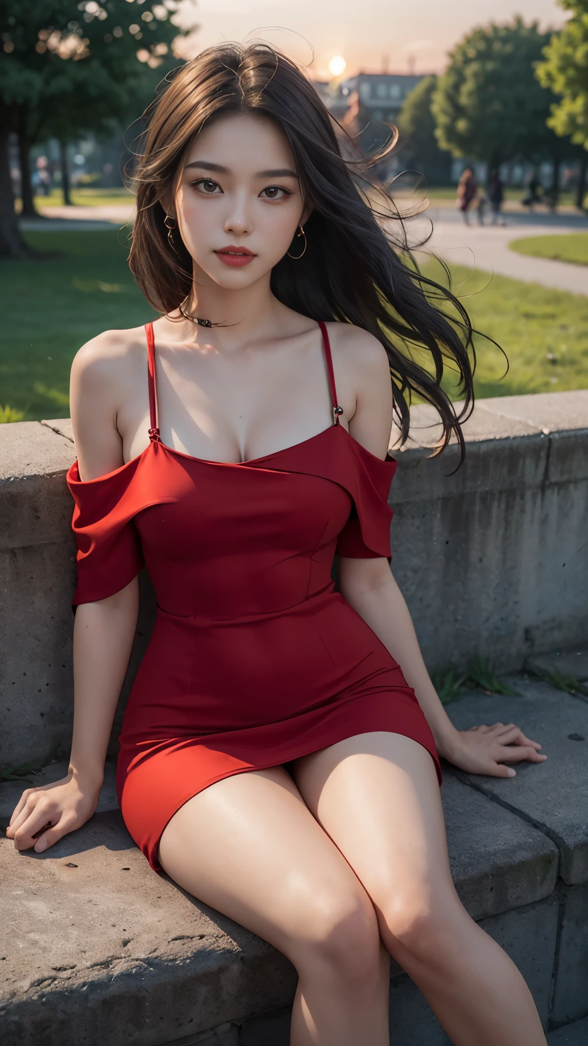 8k, masterpiece, 1 girl, beautiful face, very long hair, light makeup, detailed eyes, detailed lips, ((medium Curved figure)), (simple dress:1.4), (red dress:1.4), (wearing jewellery), (strap:1.4), (bare shoulder:1.4), in the park, sunset, evening, blowing wind, hair spreading, sitting,