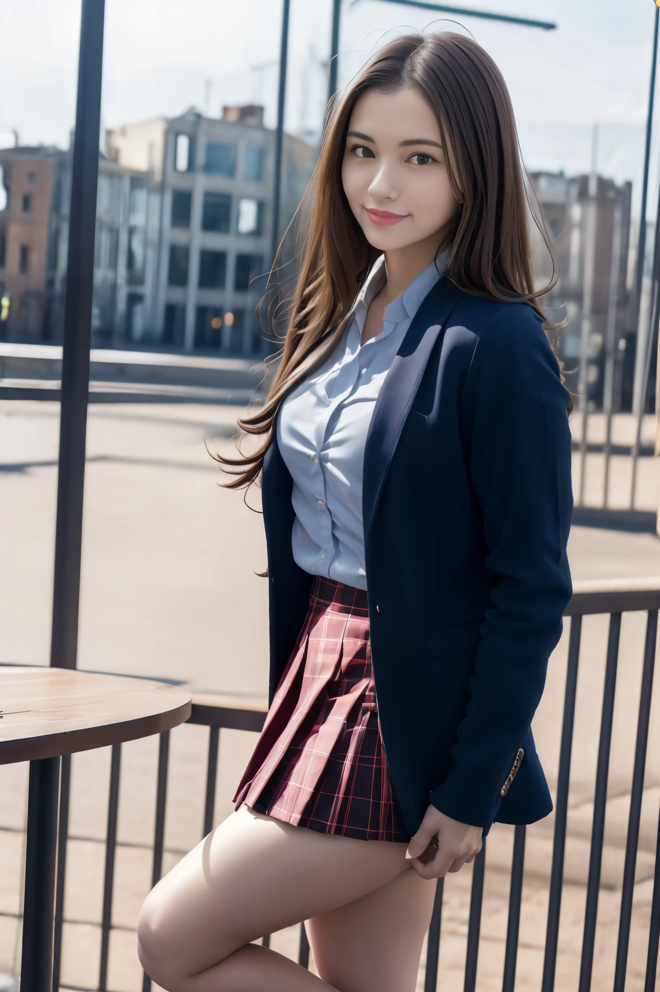 1Woman, European, posing seductively to viewer, solo:1, pov, beautiful thick thighs, side view
Sunny city background, natural lighting, long hair, 3/4 body, school attire with jacket and tie, mini pleated skirt