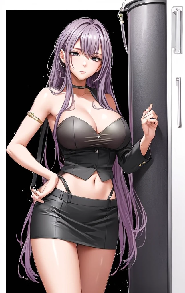 A beautiful woman with long hair, big breasts, and beautiful legs is standing in a tube top, suit, and miniskirt.。Highlights the chest tube top。