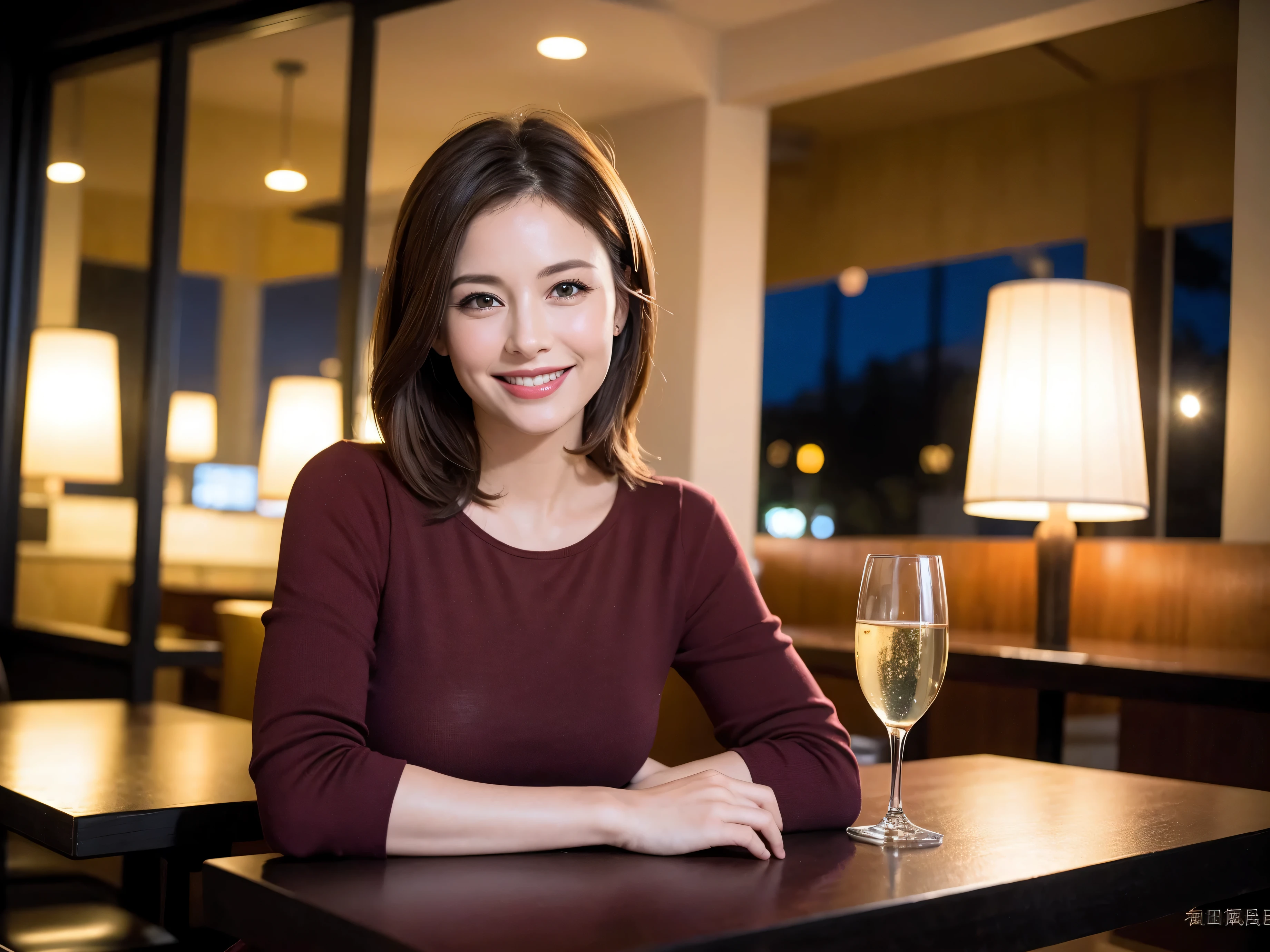 64k, UHD, highest quality, masterpiece: 1.2), (realistic, photorealistic: 1.37), Super detailed, slimな美女3名, (slimフェイス),Happy、 最高なsmile、Fox Face、Berry Short、(because I'thin), (brown hair), (shortcut), long sleeve shirt、winter fashion、Colombia、Brazilian、Japanese、Dutch、German、Portuguese、Belgian、Italian、french,champagne、Sparkling wine、 (gush), (slimボティ), (brown hair), (shortcut), Neat beauty、cheeks blush a little, (35 years old), 38 years old, alone, A beautiful and detailed night view spreads out outside the window..., restaurant, wine glassが座っている, At night, in a prominent place (from the Upper body) nova frog style, actress, model, Upper body, White wine, slim, wine glass, very beautiful night view, wine glass Put in the Middle, Happy smile, (smile: 1.15),