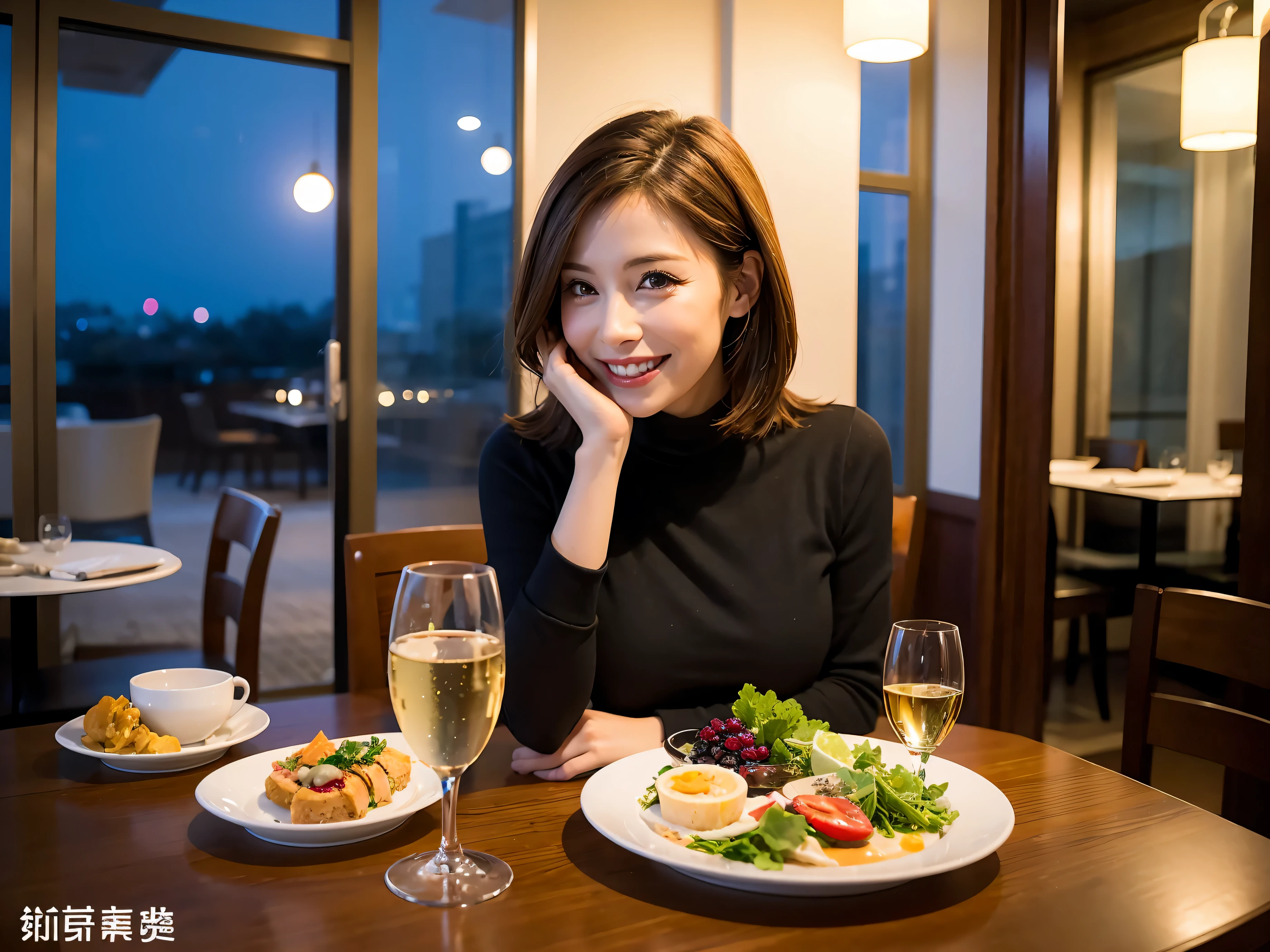 64k, UHD, highest quality, masterpiece: 1.2), (realistic, photorealistic: 1.37), Super detailed, slimな美女3名, (slimフェイス),Happy、 最高なsmile、Fox Face、Berry Short、(because I'thin), (brown hair), (shortcut), long sleeve shirt、winter fashion、Colombia、Brazilian、Japanese、Dutch、German、Portuguese、Belgian、Italian、french,champagne、Sparkling wine、 (gush), (slimボティ), (brown hair), (shortcut), Neat beauty、cheeks blush a little, (35 years old), 38 years old, alone, A beautiful and detailed night view spreads out outside the window..., restaurant, wine glassが座っている, At night, in a prominent place (from the Upper body) nova frog style, actress, model, Upper body, White wine, slim, wine glass, very beautiful night view, wine glass Put in the Middle, Happy smile, (smile: 1.15),