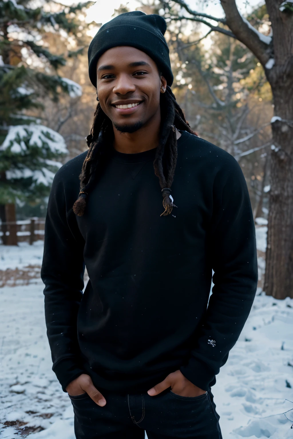 ((perfect photograph)), ((realistic)), ((8k)), (perfect face), gorgeous black man with dreadlock hair, wearing a straight long black long sweat shirt and dark jeans and a black beanie, standing towards the camera, snowing, torso facing camera, wearing black gloves, outdoors, lots of light, smiling, large dark oak trees, lots of snow