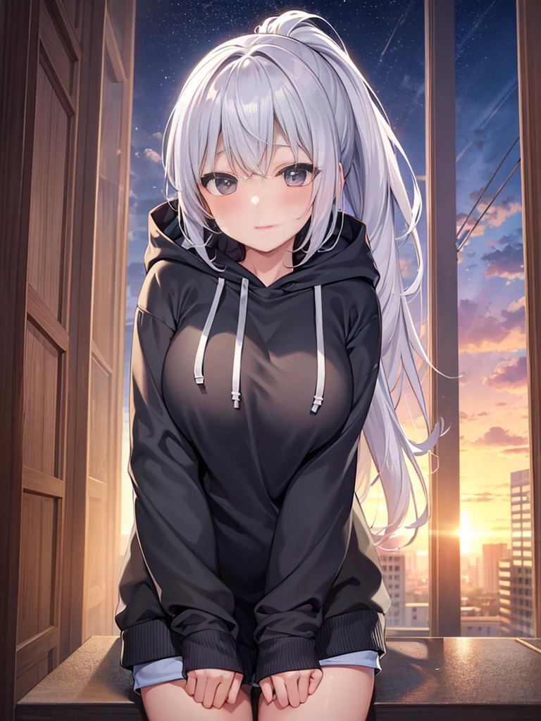 masterpiece:1.3、ultra high resolution:1.3、8K、woman、solo:1.3、whole body、The style is very good.、real face、looking at the viewer、White-silver hair、rainbow色の目:1.3、ponytail、big breasts、hoodie、shorts、cute、close、provocation、blush、shyness、Light pointing、city、many buildings、beautiful sky、sunrise、rainbow、Stuffy、wet、erotic
