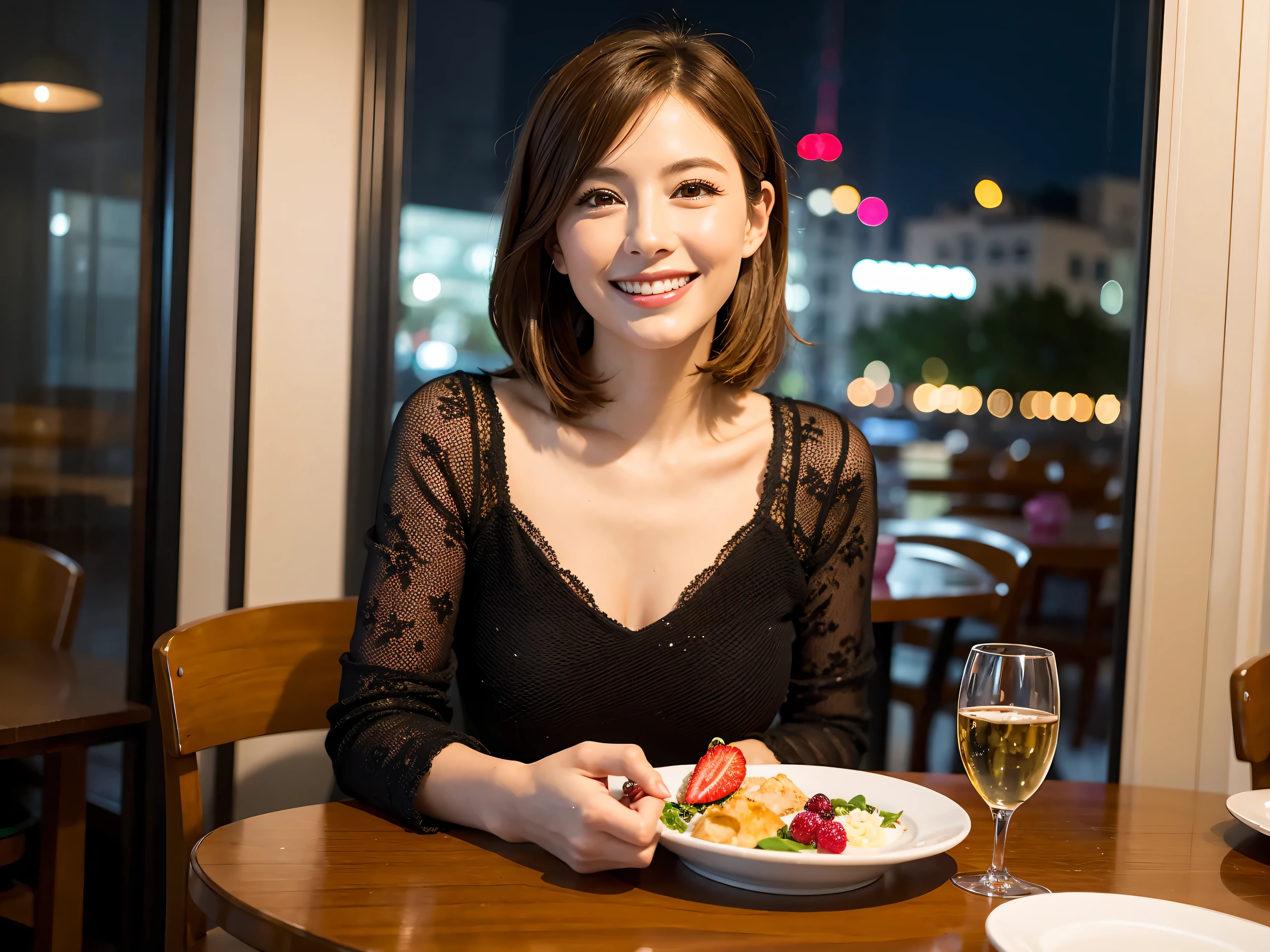 64k, UHD, highest quality, masterpiece: 1.2), (realistic, photorealistic: 1.37), Super detailed, slimな美女3名, (slimフェイス),Happy、 最高なsmile、Fox Face、Berry Short、(because I&#39;thin), (brown hair), (shortcut), long sleeve shirt、winter fashion、Colombia、Brazilian、Japanese、Dutch、German、Portuguese、Belgian、Italian、french,champagne、Sparkling wine、 (gush), (slimボティ), (brown hair), (shortcut), Neat beauty、cheeks blush a little, (35 years old), 38 years old, alone, A beautiful and detailed night view spreads out outside the window..., restaurant, wine glassが座っている, At night, in a prominent place (from the Upper body) nova frog style, actress, model, Upper body, White wine, slim, wine glass, very beautiful night view, wine glass Put in the Middle, Happy smile, (smile: 1.15), 