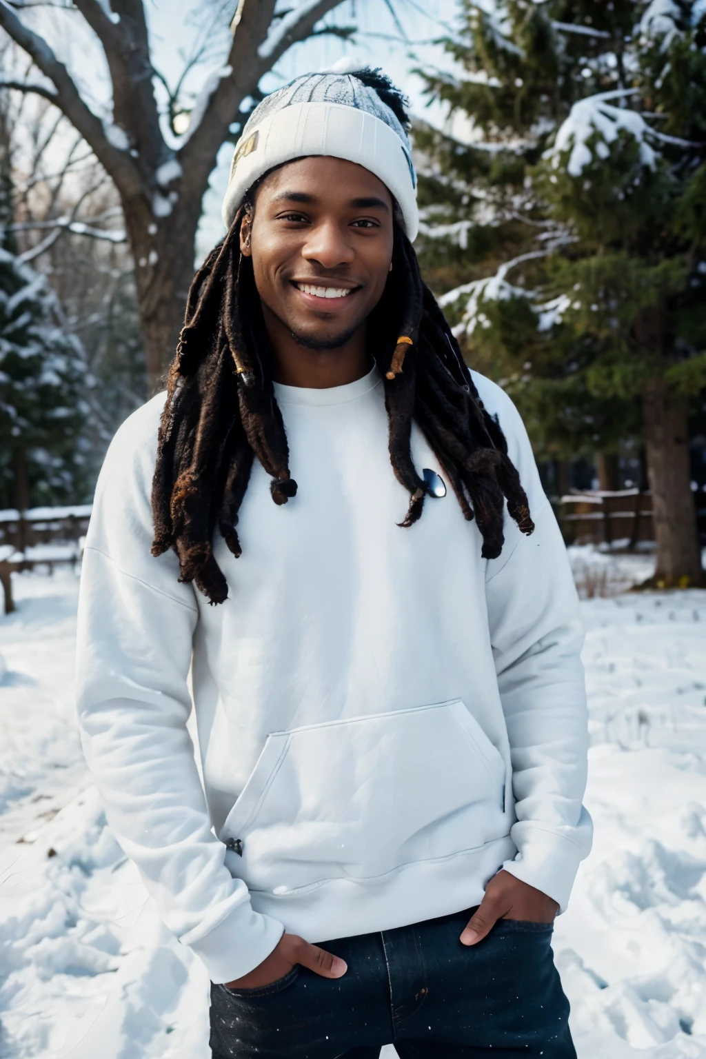 ((perfect photograph)), ((realistic)), ((8k)), (perfect face), gorgeous black man with dreadlock hair, wearing a straight long white long sweat shirt and dark jeans and a black beanie, standing towards the camera, snowing, torso facing camera, wearing black gloves, outdoors, lots of light, smiling, large dark oak trees, lots of snow