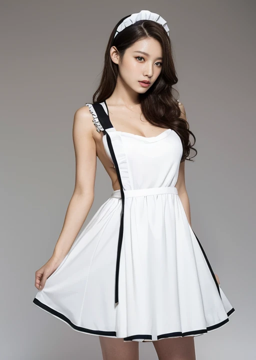maid costume、open chest、セクシーなmaid costume、full body shot、A woman with the same face as last time(misaki),4K、1people's women、slender、 Loose wavy styling 、seductive and attractive,Including face and skin texture,detailed eyes、a seductive look