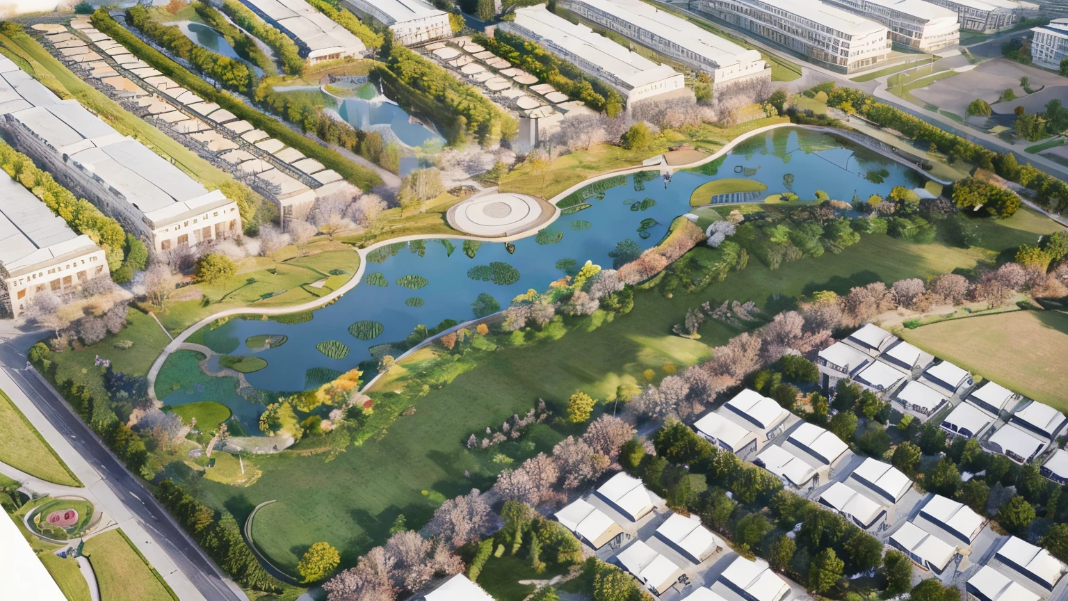 a rendering of a park with a pond and a park in the middle, close establishing shot, mixed development, above view, hyperdetailed!, complexly detailed, photo from 2022, barycentric subdivision, hyper-realistic, hyper - realistic, aerial illustration, hyperdetailed!!!, hyperdetailed illustration, beautiful hyperdetailed, complex and detailed, Green lawn interwoven with fallen leaves, realistic style.
