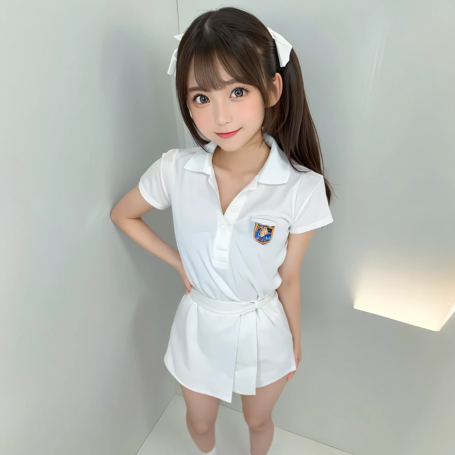 {{{high quality}}}, {{{super realistic}}},{{{best quality}}}, ((beautiful face)),((1 girl)),((solo)),((10 years old)),(((loli))),((short girl)),((small breasts)),((latex,white nurse costume)),(white latex skirt,mini skirt),(white over-kneehighs),(black hair, twintails),(ultra-detailed),((smile,pretty smile)),((full body))