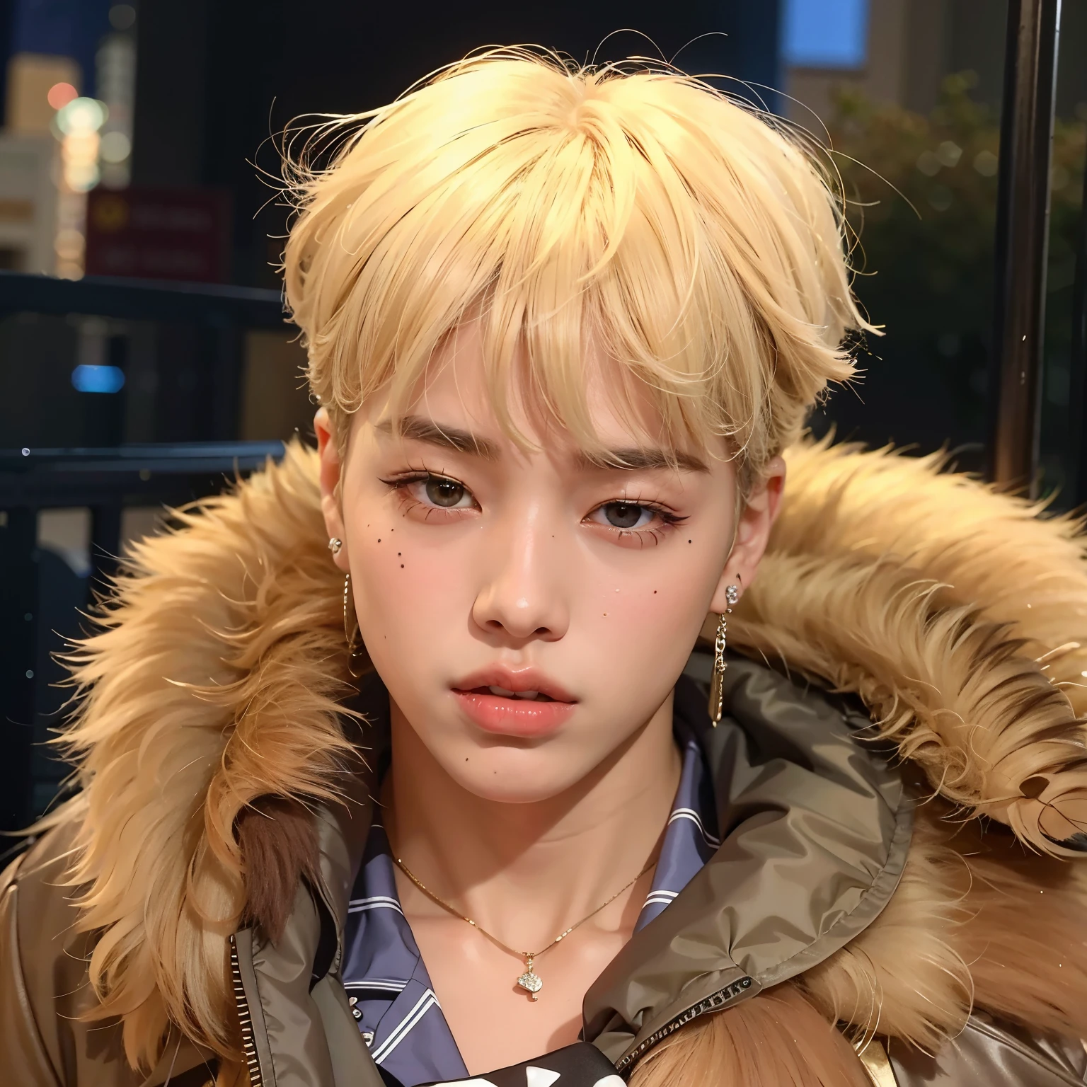 imagem arafada de um jovem com uma jaqueta e um colar, Jimin\the full lips, accurate Jimin face, Jimin\the right eyelid is swollen, Jimin, Jimin\o nariz grego, park Jimin, Kim Doyoung, Retrato de Jossi do Blackpink, inspirado em Kun Can, Yanjun Chengt, Jung Jaehyun, hyung tae