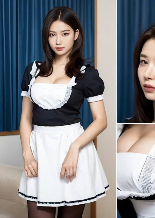 State Guest House、maid costume、open chest、セクシーなmaid costume、Nothing is worn inside、full body shot、A woman with the same face as last time(misaki),4K、1people's women、slender、 Loose wavy styling 、seductive and attractive,Including face and skin texture,detailed eyes、a seductive look
