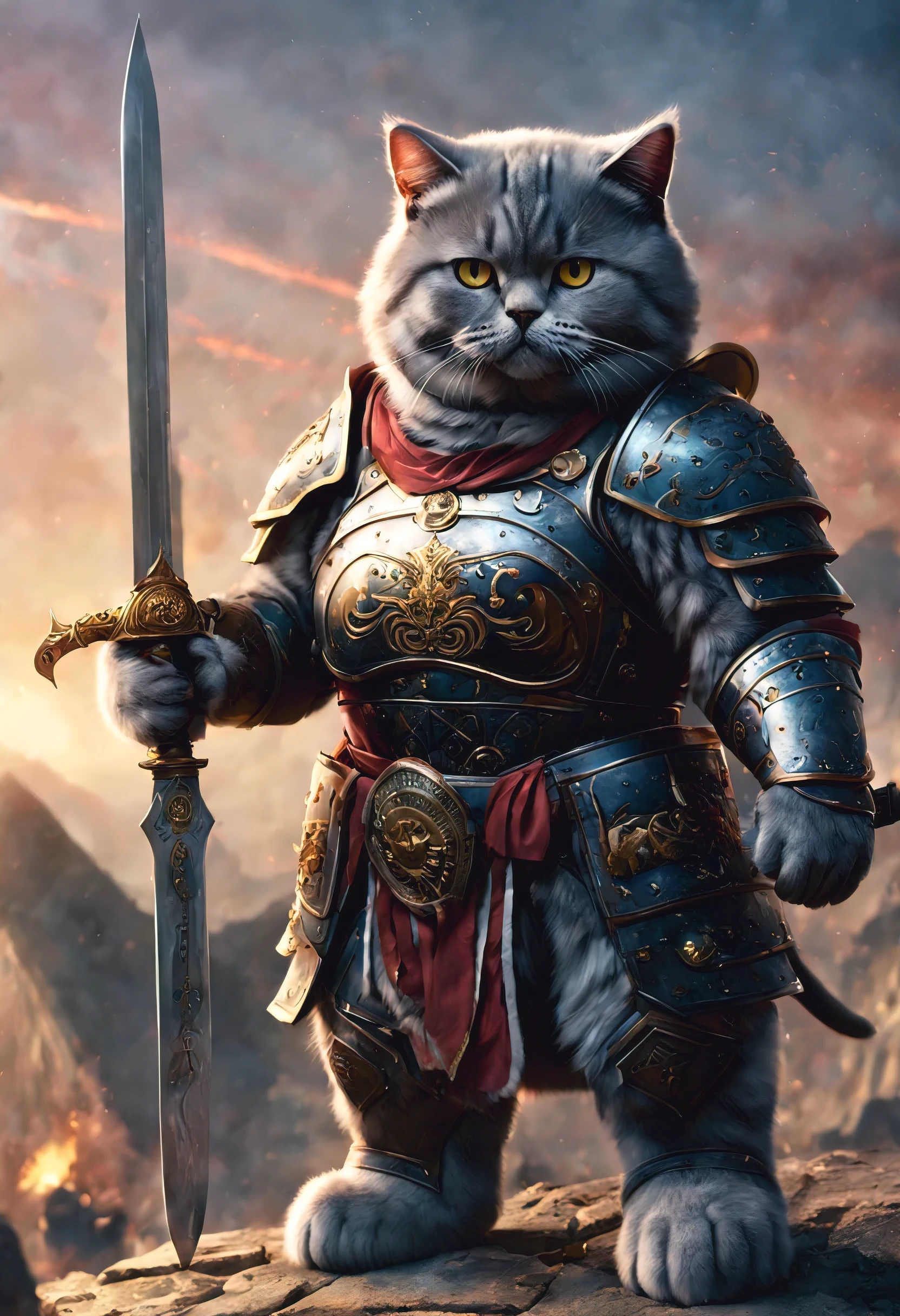 official art, unified 8k wallpaper, super detailed, Beautiful and beautiful, masterpiece, best quality, watching a film《lord of the ring》style of，Real scenes，Epic war scenes，(A fat British shorthair warrior cat:1.4)，(whole body:1.2), Put on exquisite armor，Holding a long sword，In battle，The Great Wall background，cool color，texture，Ray tracing，