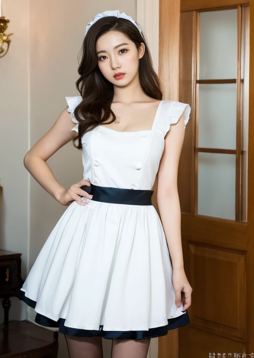 State Guest House、maid costume、open chest、セクシーなmaid costume、Nothing is worn inside、full body shot、A woman with the same face as last time(misaki)，４Ｋ、１people&#39;s women、slender、 Loose wavy styling 、seductive and attractive,Including face and skin texture，detailed eyes、a seductive look