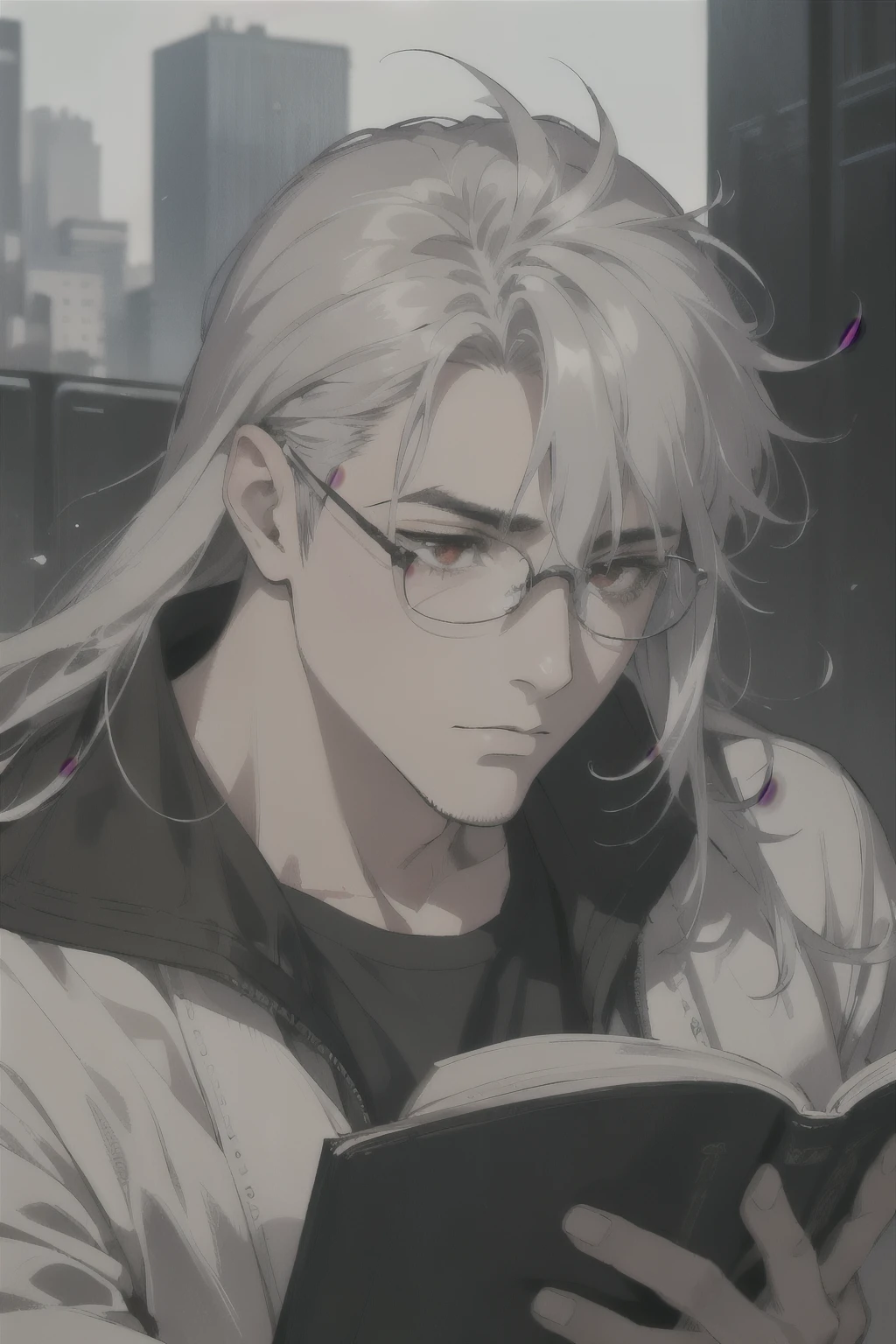 midjourney, ((best quality)), ((masterpiece)), (detailed), perfect face, 1male, handsome male, 30 to 40 years old, ((silver hair, extra long hair, messy hair)), ((red eyes)), depth of field, reading glasses, dark circles under eyes, tired expression, fat (chubby), ((clean shaven)), cyberpunk aesthetic, vivid colors, shirtless